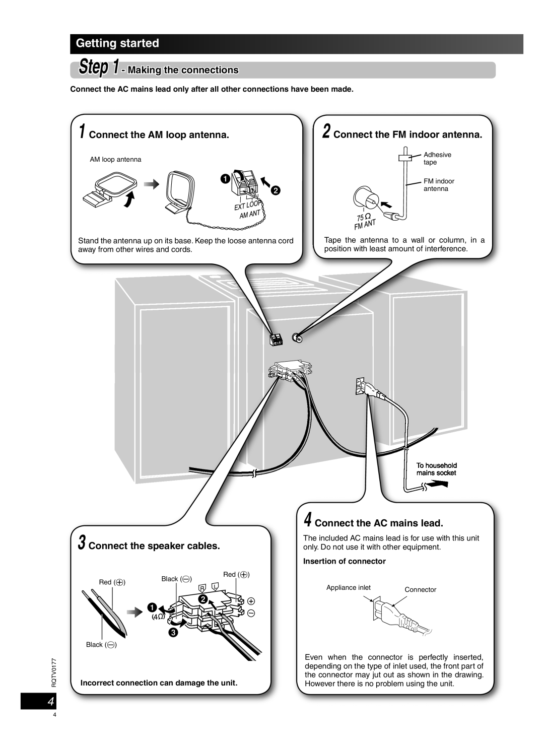 Panasonic SC-PM45 manual Getting started, Making the connections, Connect the AM loop antenna, Connect the speaker cables 