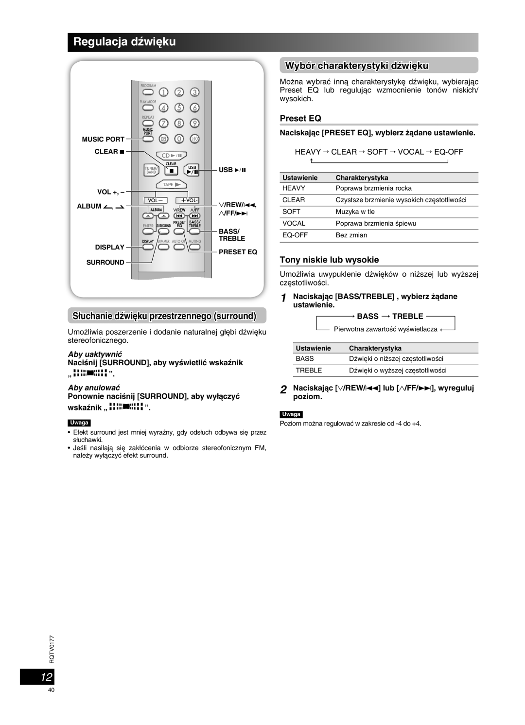 Panasonic SC-PM45 Regulacja dêwi´ku, Wybór charakterystyki dêwi´ku, ∏uchanie dêwi´ku przestrzennego surround, Preset EQ 