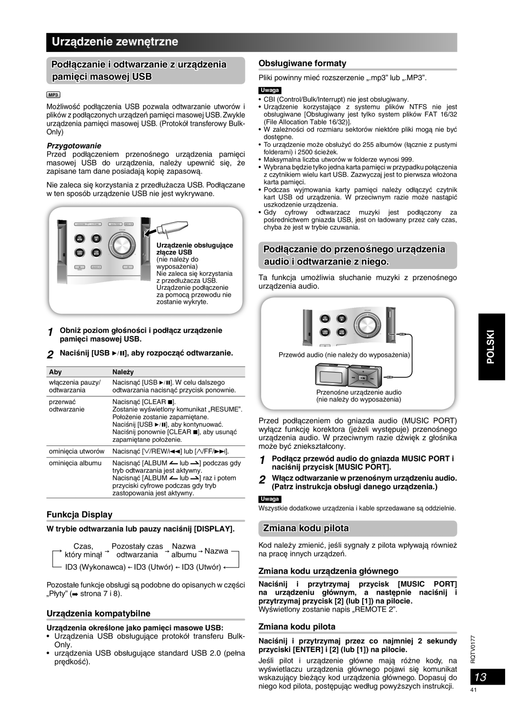 Panasonic SC-PM45 Urzàdzenie zewn´trzne, Podłàczanie i odtwarzanie z urzàdzenia pami´ci masowej USB, Zmiana kodu pilota 