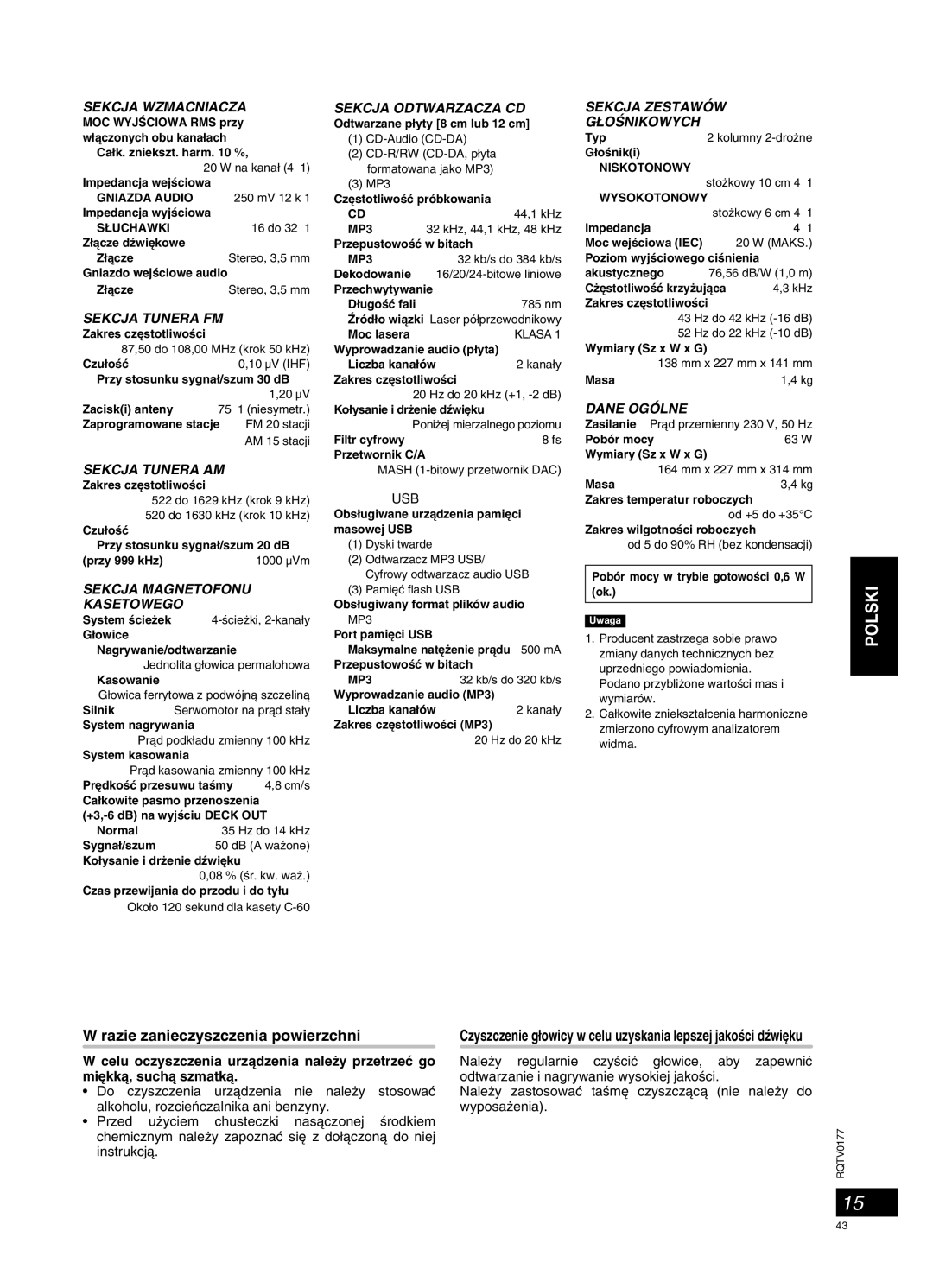 Panasonic SC-PM45 manual Dane techniczne, Konserwacja, Razie zanieczyszczenia powierzchni 