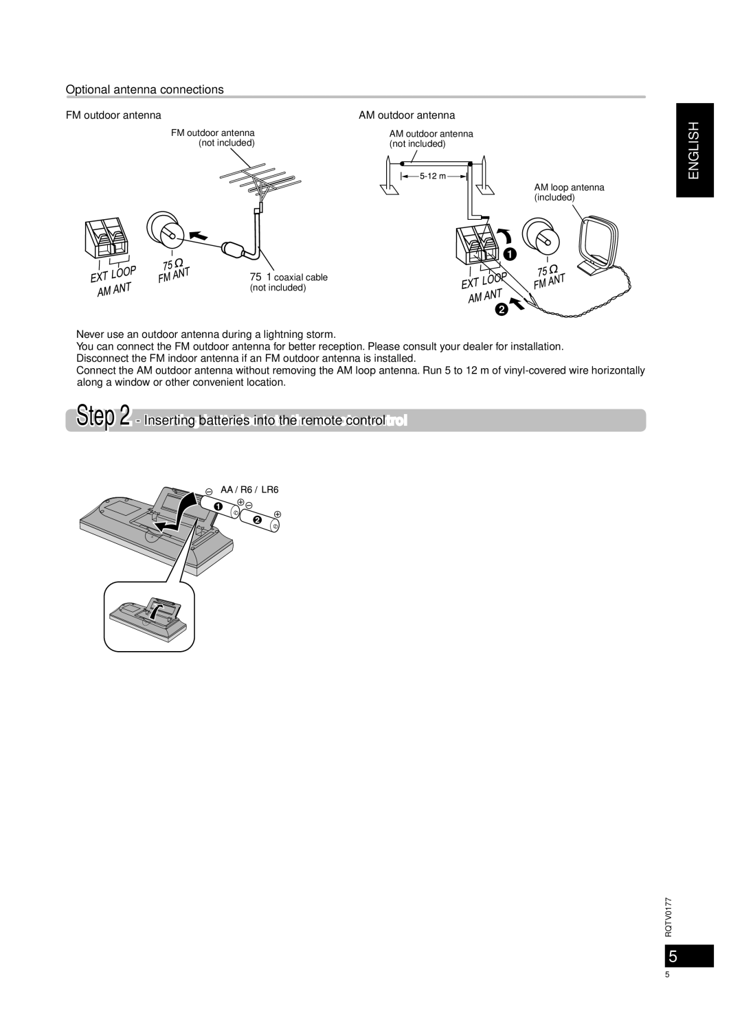 Panasonic SC-PM45 manual Inserting batteries into the remote control, Demo function, Optional antenna connections 