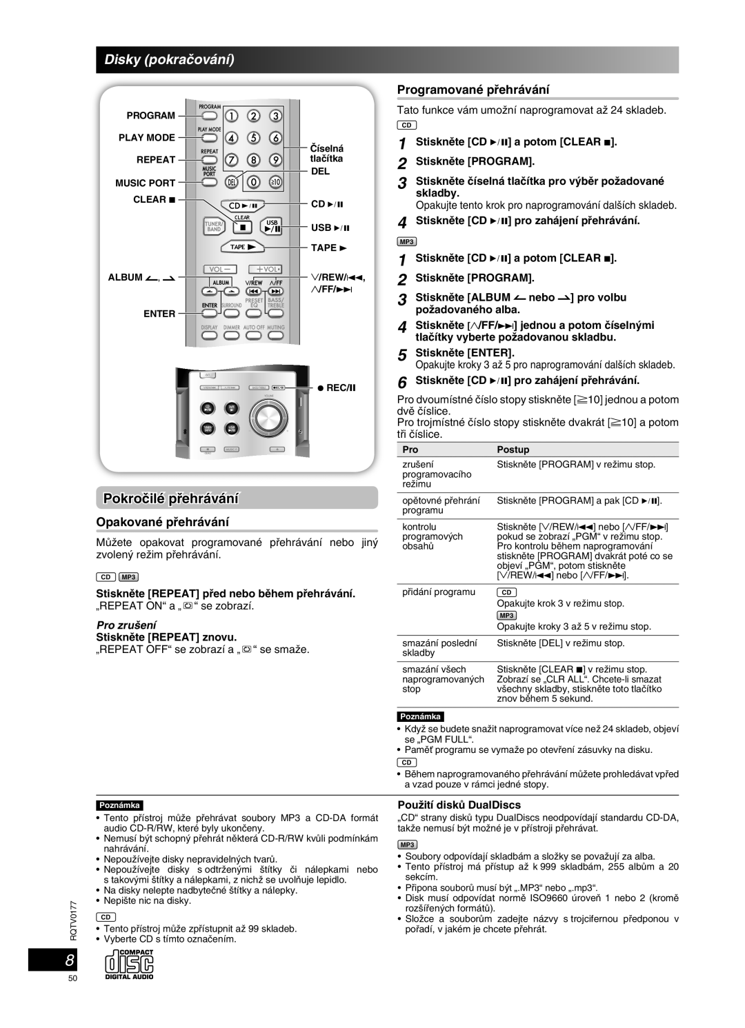 Panasonic SC-PM45 manual Pokroãilé pﬁehrávání, Opakované pﬁehrávání, Programované pﬁehrávání, Pro zru‰ení 