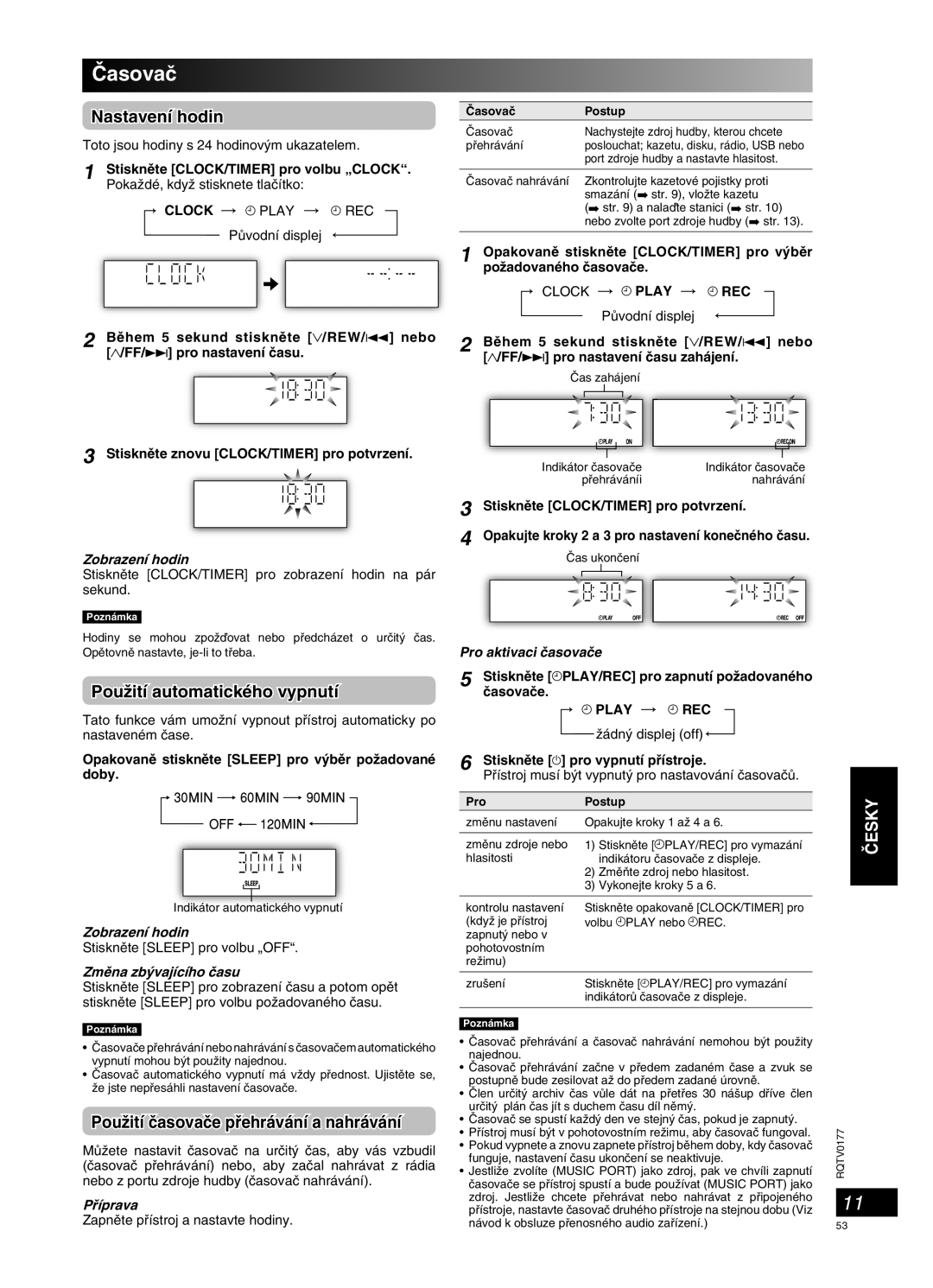 Panasonic SC-PM45 manual Âasovaã, Nastavení hodin, PouÏití automatického vypnutí, PouÏití ãasovaãe pﬁehrávání a nahrávání 