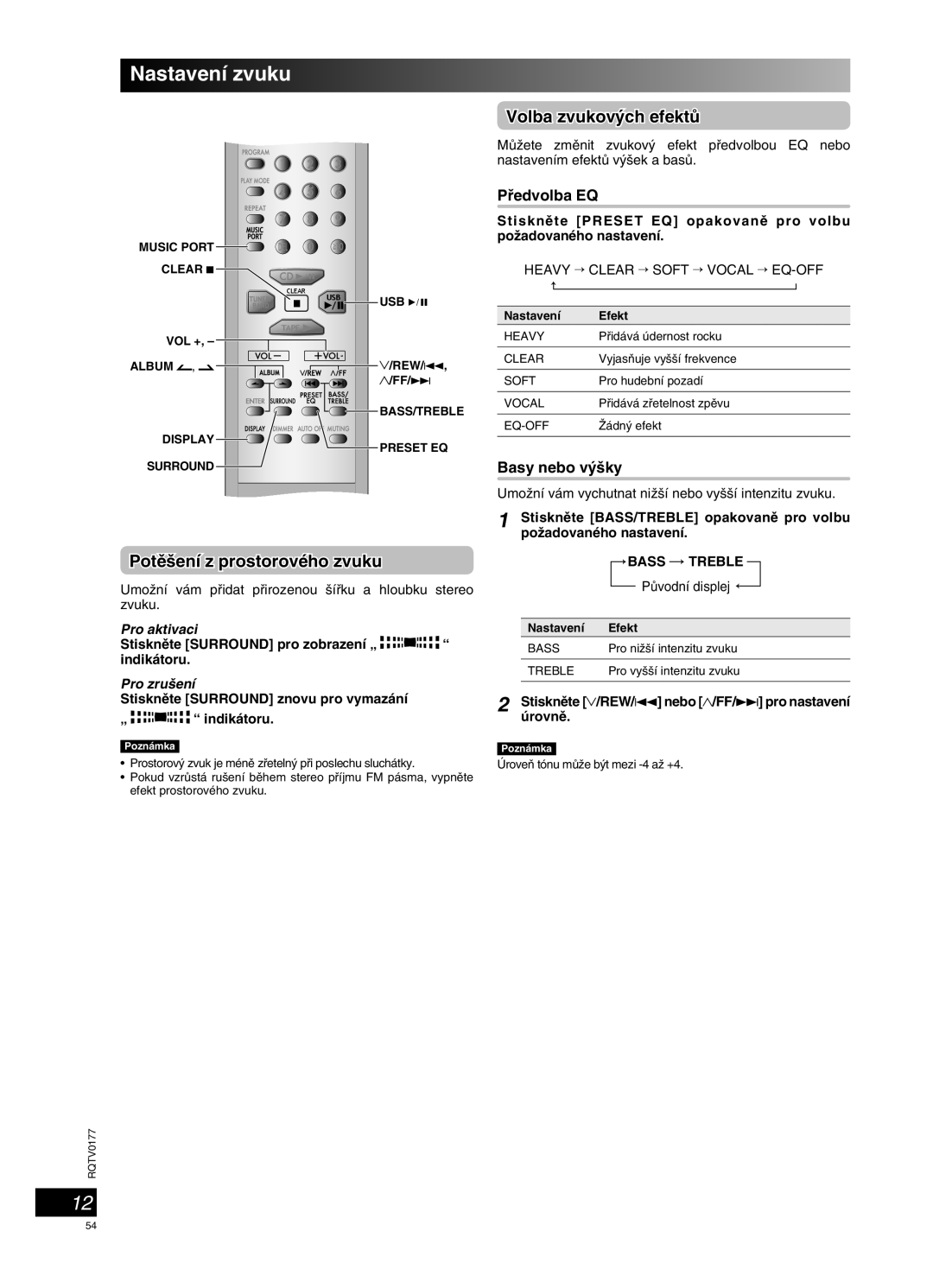 Panasonic SC-PM45 Nastavení zvuku, Potû‰ení z prostorového zvuku, Volba zvukov˘ch efektÛ, Pﬁedvolba EQ, Basy nebo v˘‰ky 