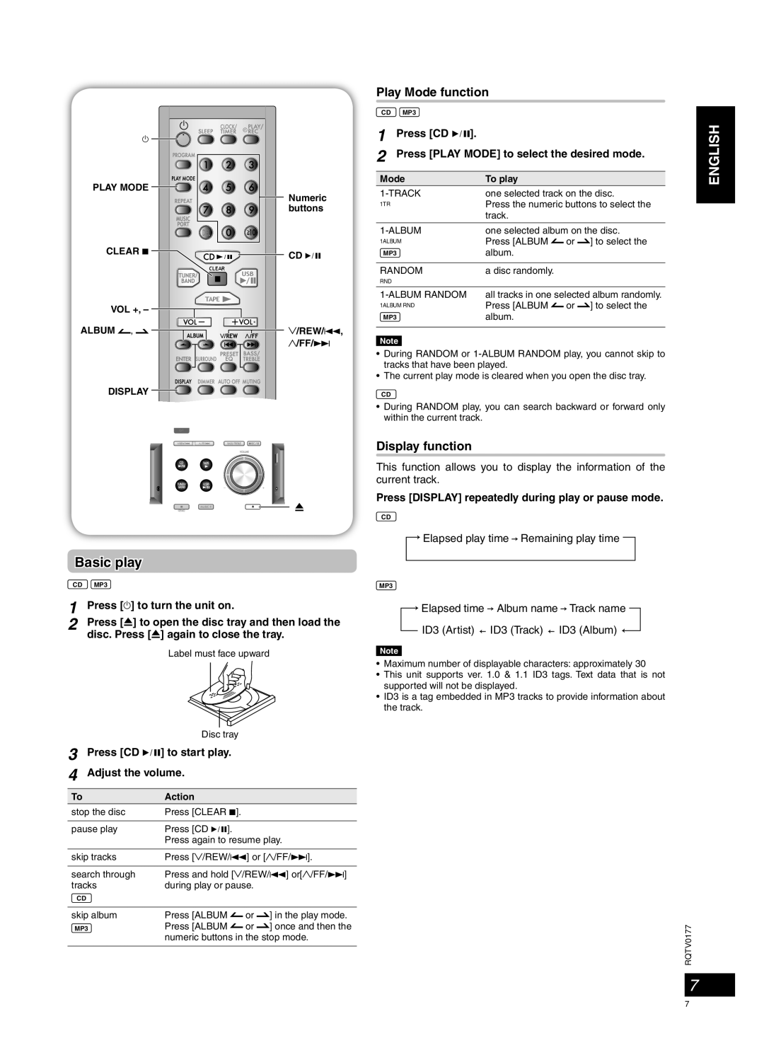 Panasonic SC-PM45 manual Discs, Basic play, Play Mode function, Display function 