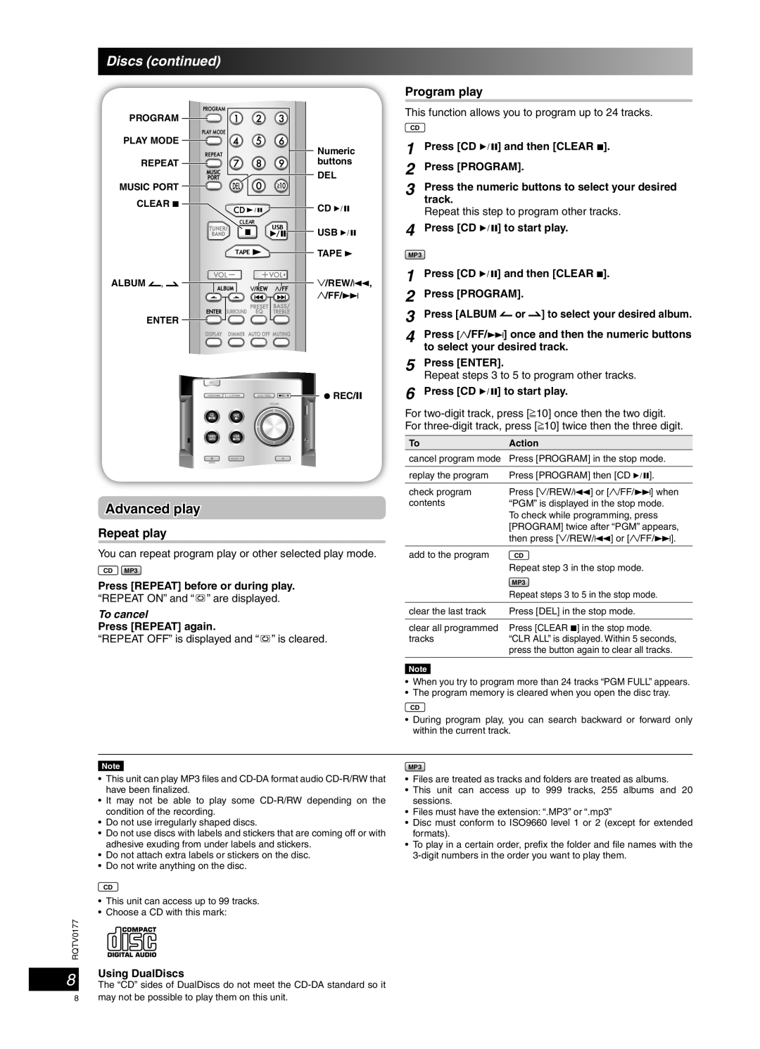 Panasonic SC-PM45 manual Advanced play, Repeat play, To cancel 