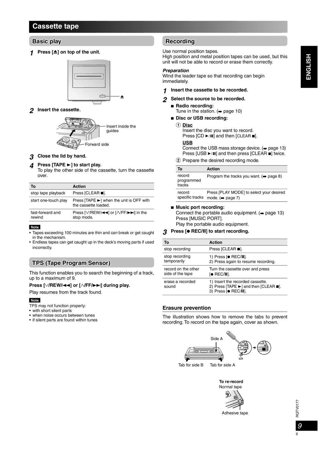 Panasonic SC-PM45 manual Cassette tape, TPS Tape Program Sensor, Recording, Erasure prevention, Preparation 