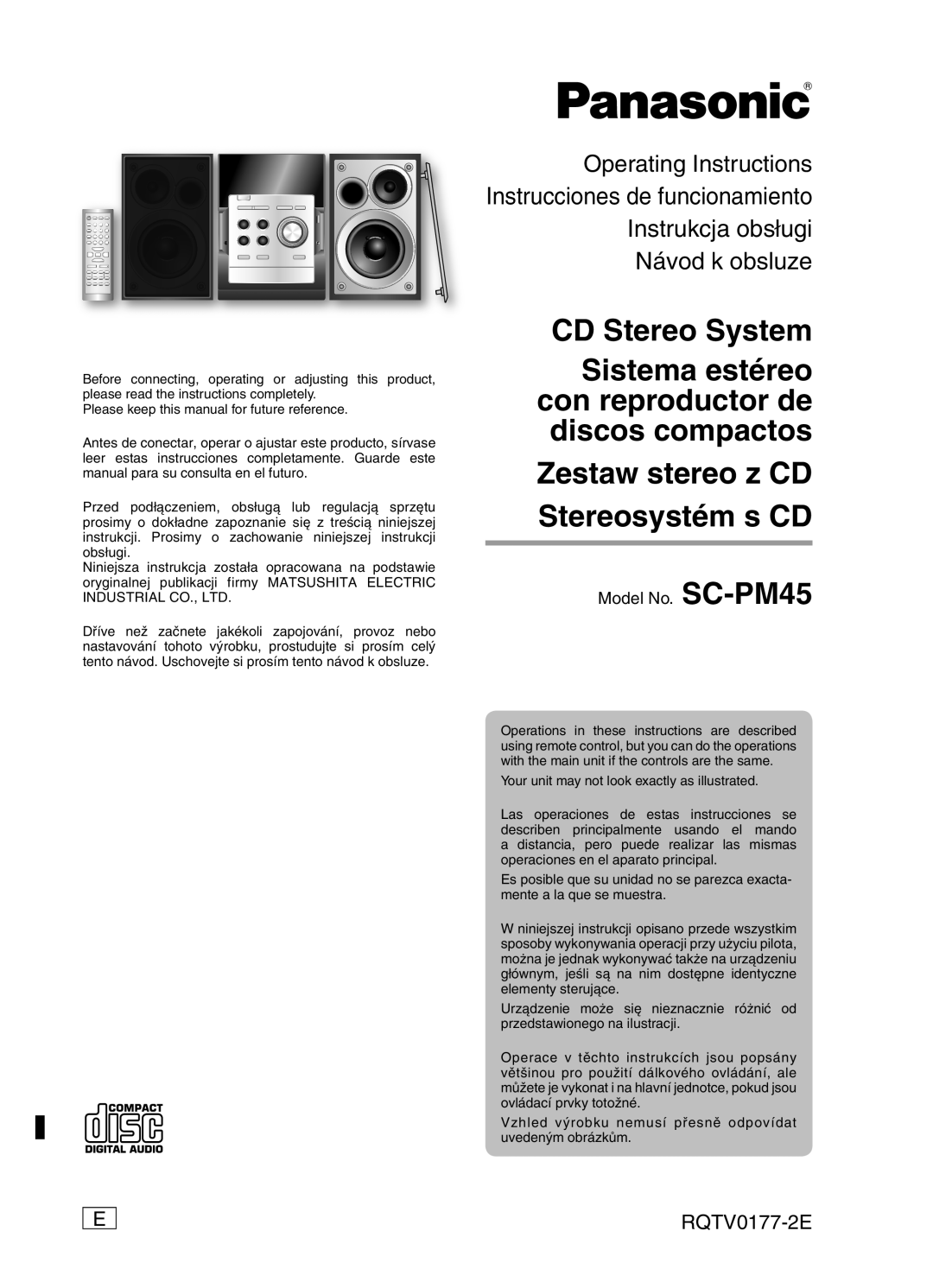 Panasonic manual RQTV0177-2E, Model No. SC-PM45, CD Stereo System, Zestaw stereo z CD Stereosystém s CD 