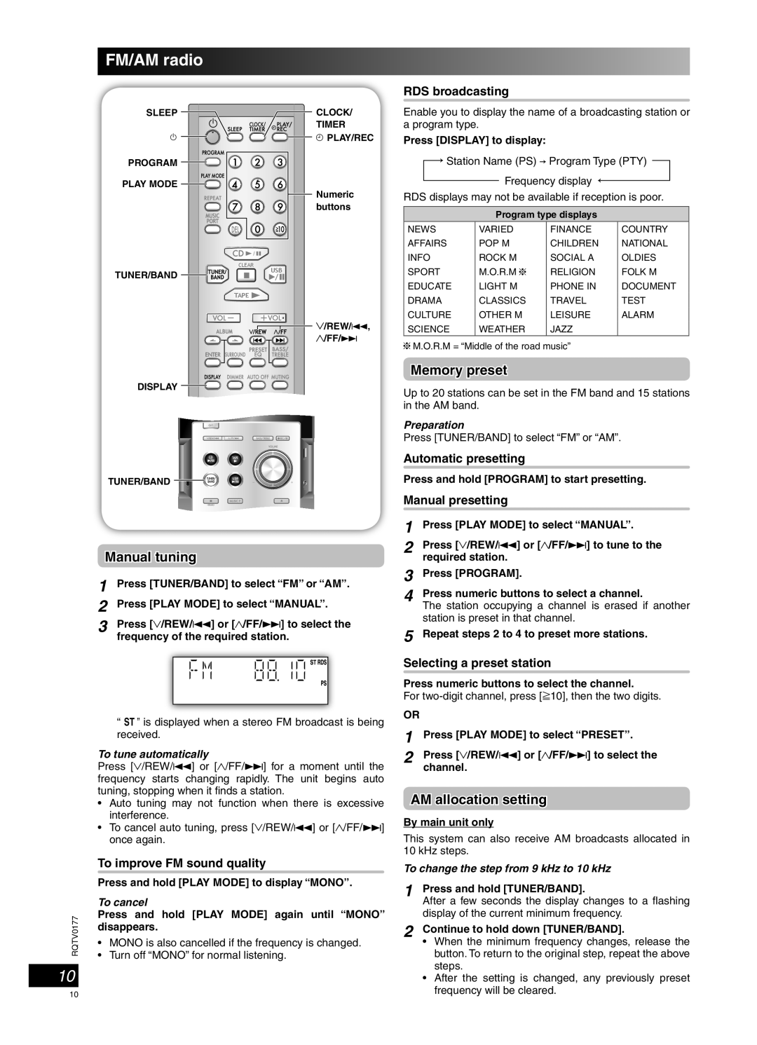 Panasonic SC-PM45 FM/AM radio, Manual tuning, Memory preset, AM allocation setting, RDS broadcasting, Automatic presetting 