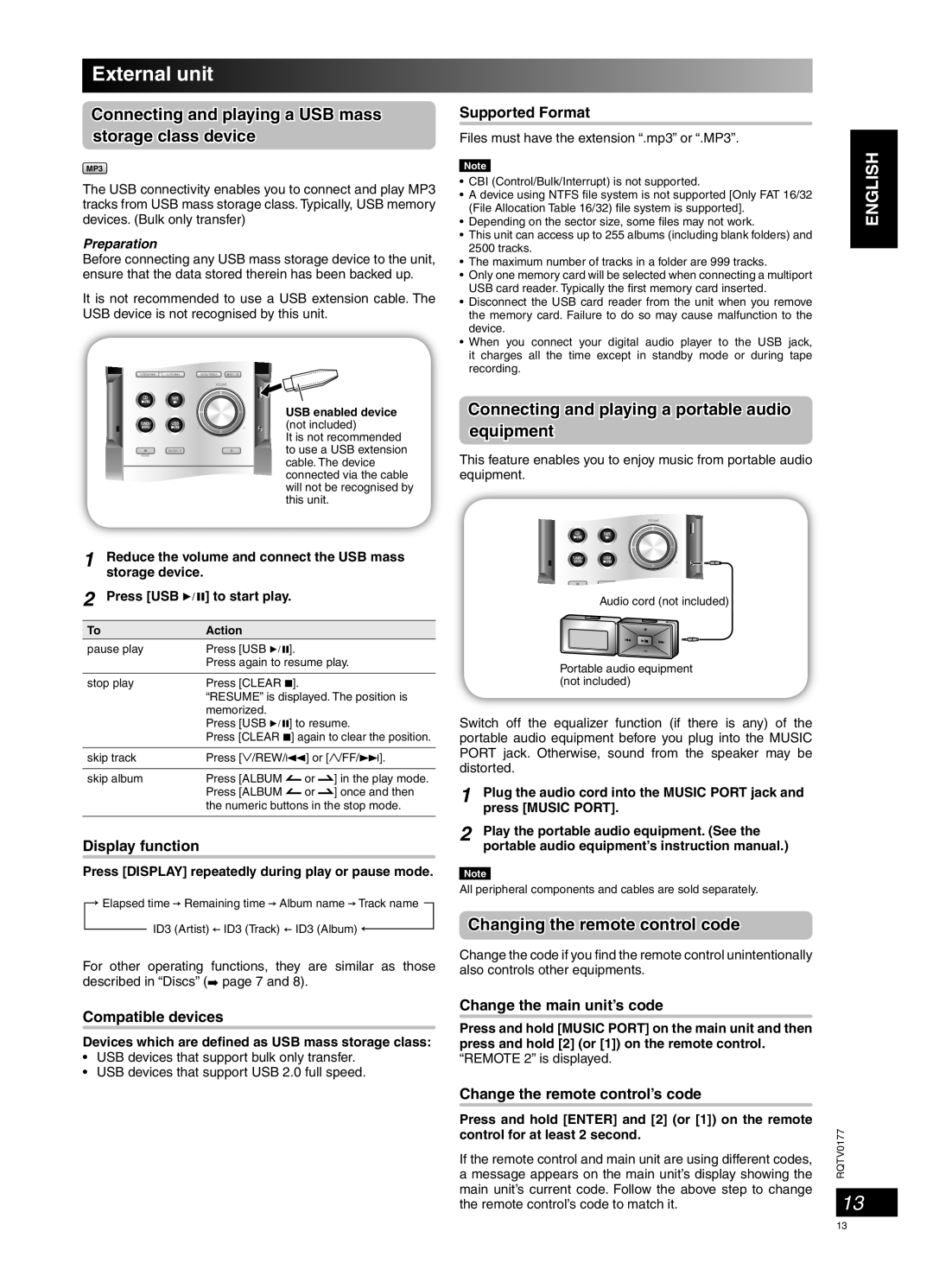 Panasonic SC-PM45 manual External unit, Connecting and playing a portable audio equipment, Changing the remote control code 