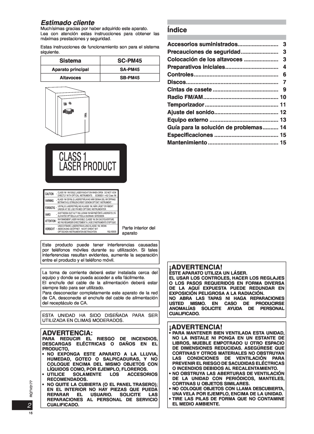 Panasonic SC-PM45 manual Estimado cliente, Índice, ¡Advertencia, Sistema, Accesorios suministrados 