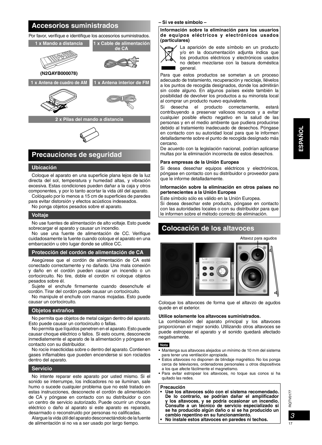 Panasonic SC-PM45 Accesorios suministrados, Precauciones de seguridad, Colocación de los altavoces, Español, Ubicación 