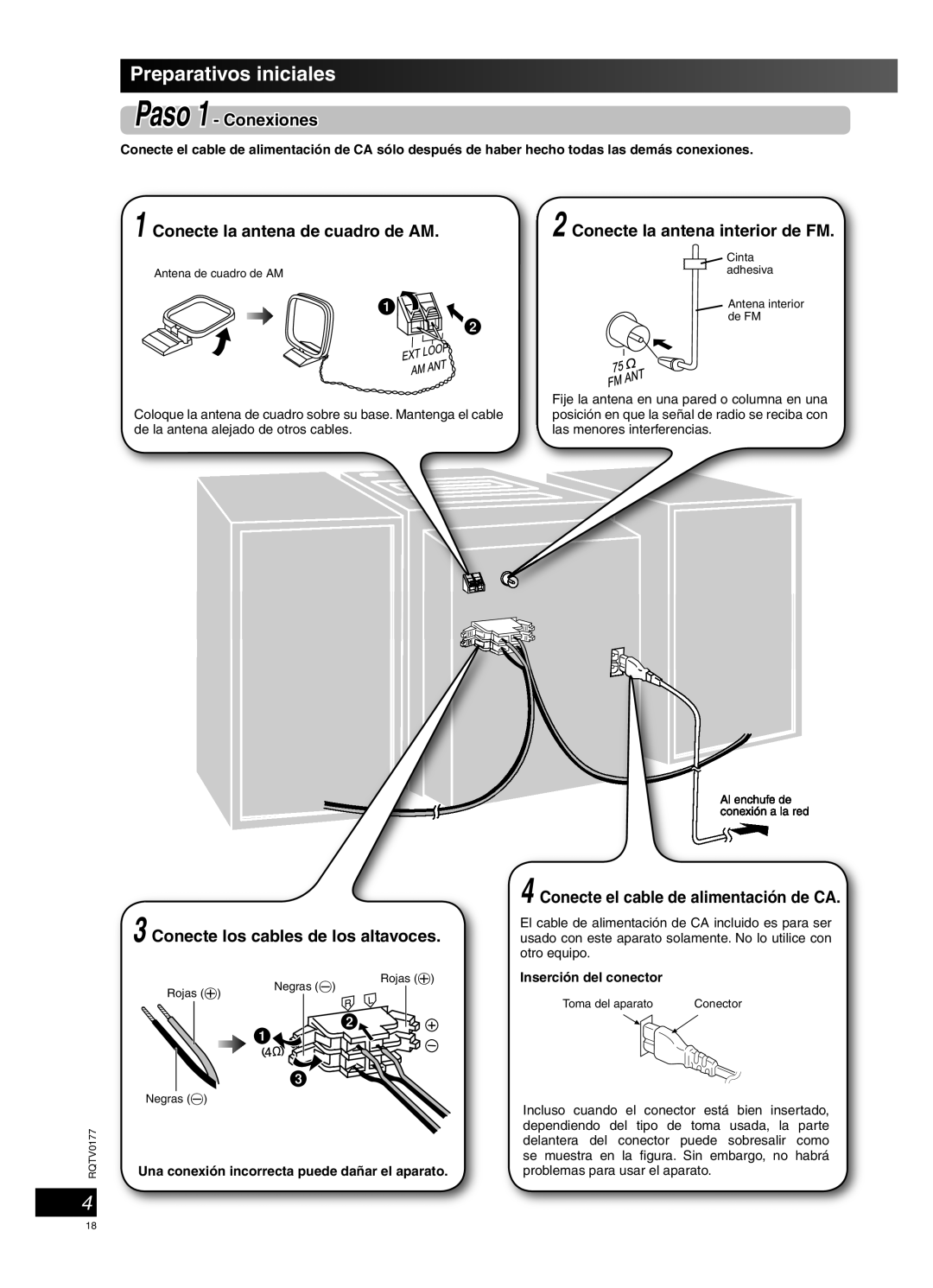 Panasonic SC-PM45 manual Preparativos iniciales, Paso 1 - Conexiones, Conecte los cables de los altavoces 