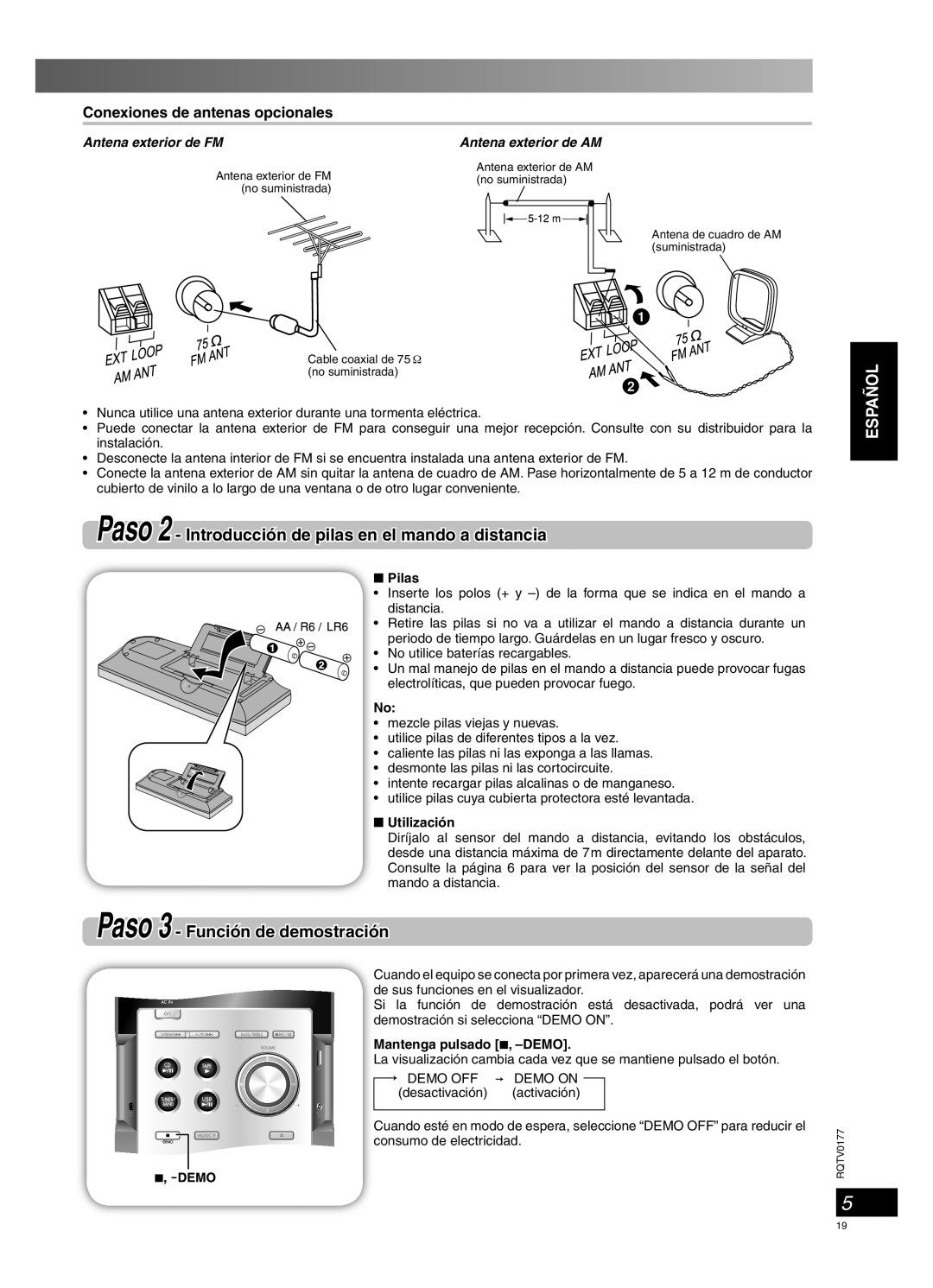 Panasonic SC-PM45 manual Paso 3 - Función de demostración, Conexiones de antenas opcionales, Español, Antena exterior de FM 