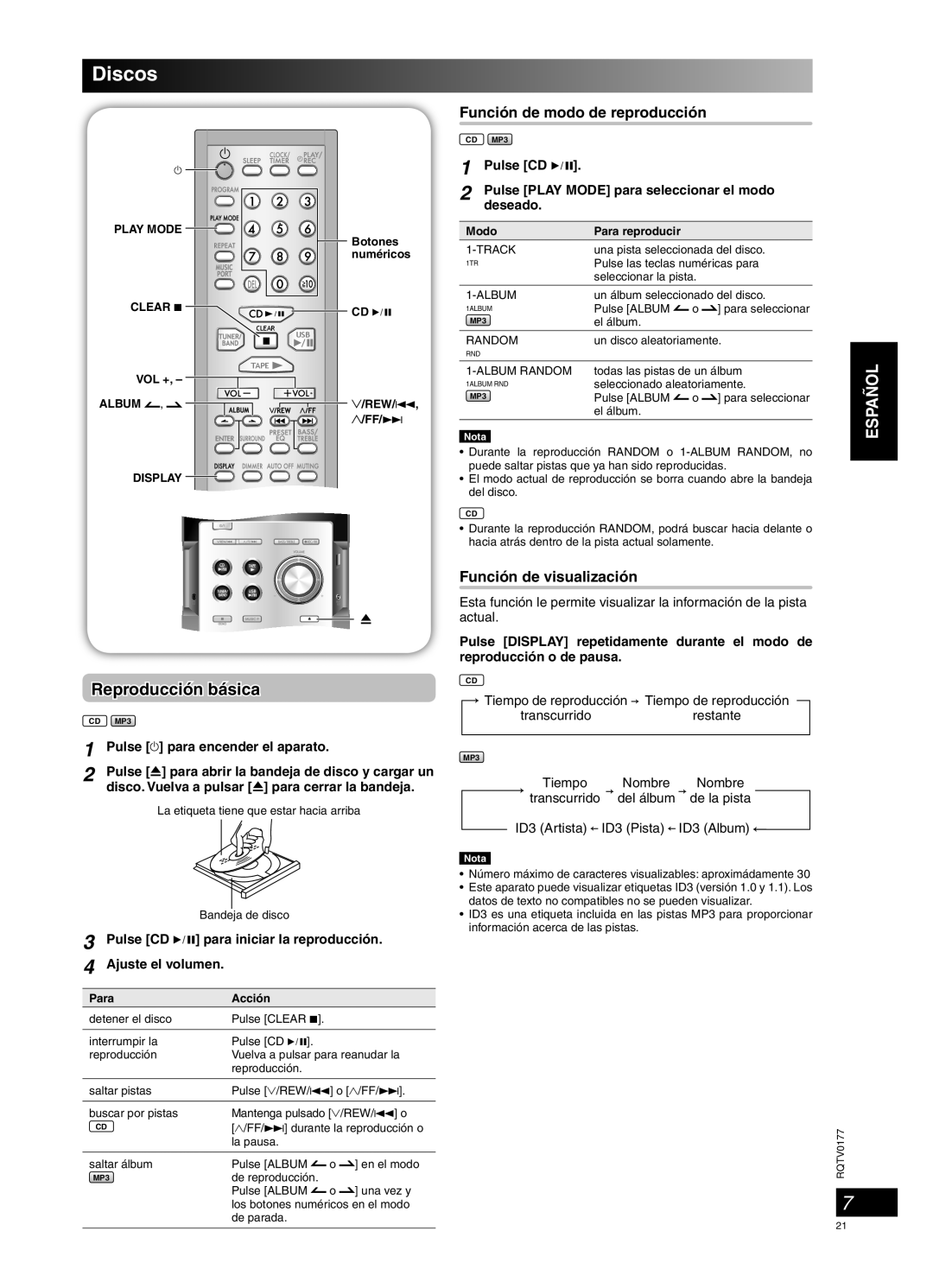 Panasonic SC-PM45 manual Discos, Reproducción básica, Función de modo de reproducción, Función de visualización, Español 