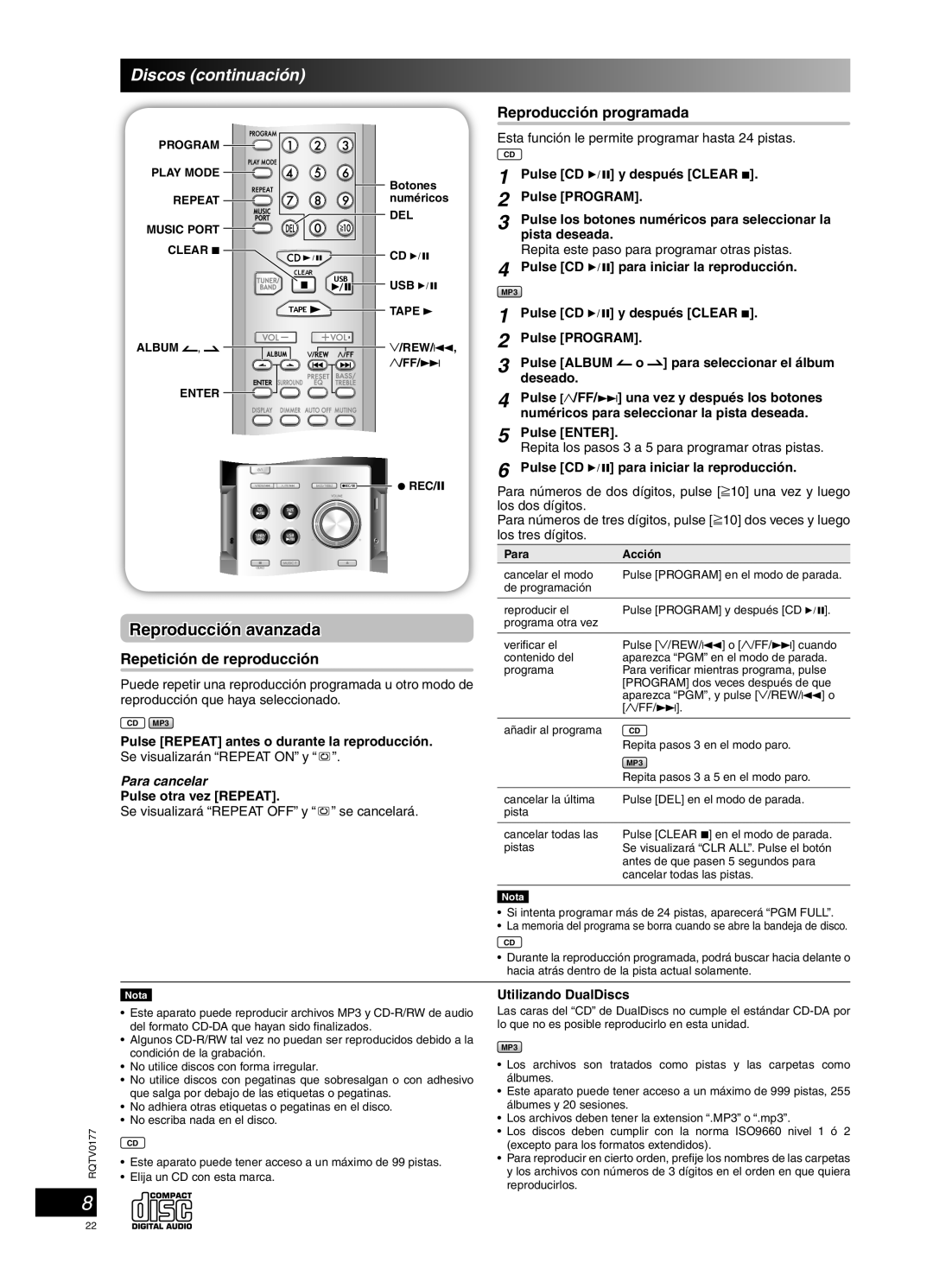 Panasonic SC-PM45 manual Discos continuación, Reproducción avanzada, Repetición de reproducción, Reproducción programada 