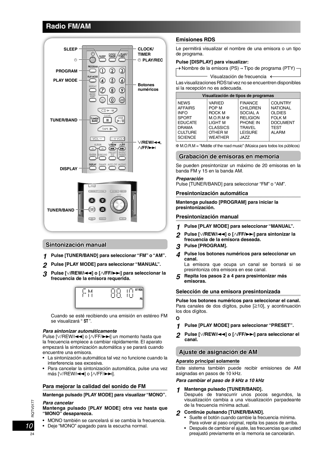 Panasonic SC-PM45 Radio FM/AM, Sintonización manual, Grabación de emisoras en memoria, Ajuste de asignación de AM 