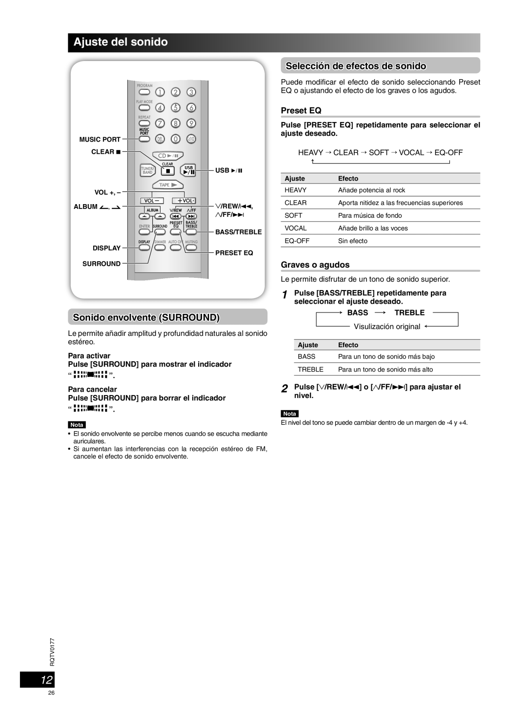 Panasonic SC-PM45 manual Ajuste del sonido, Sonido envolvente SURROUND, Selección de efectos de sonido, Graves o agudos 