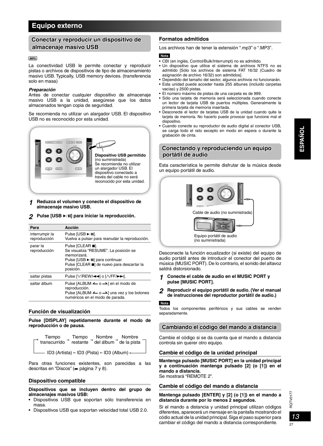 Panasonic SC-PM45 manual Equipo externo, Conectando y reproduciendo un equipo, portátil de audio, Dispositivo compatible 