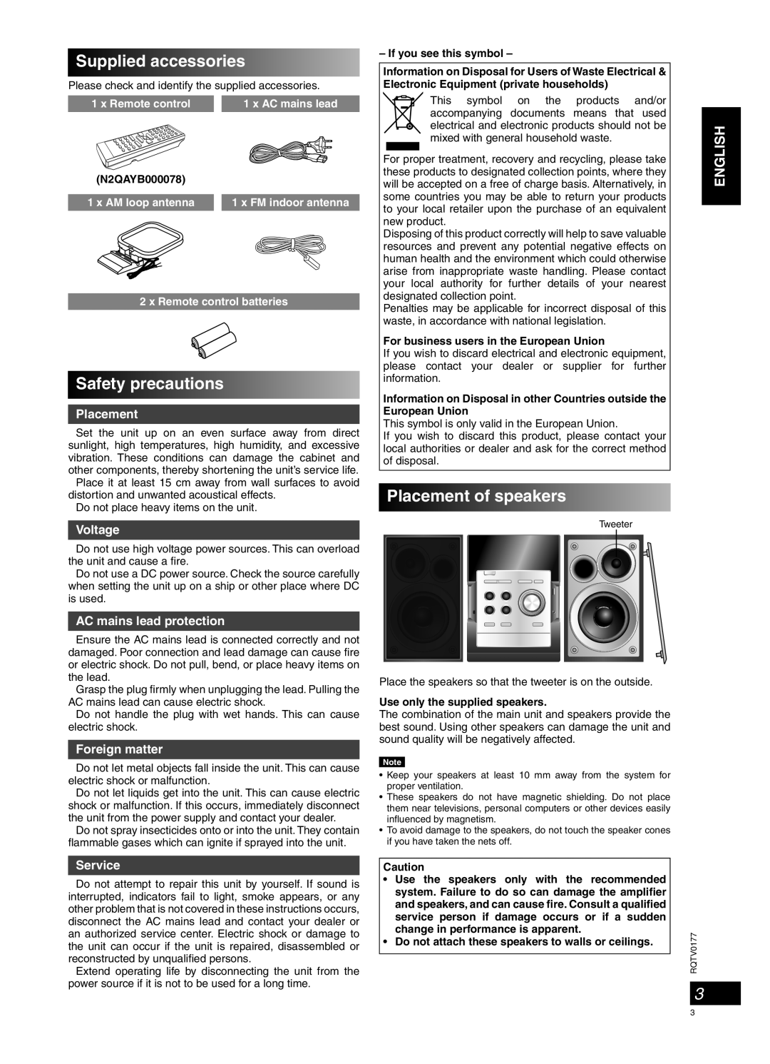 Panasonic SC-PM45 manual Supplied accessories, Safety precautions, Placement of speakers, English, Voltage, Foreign matter 