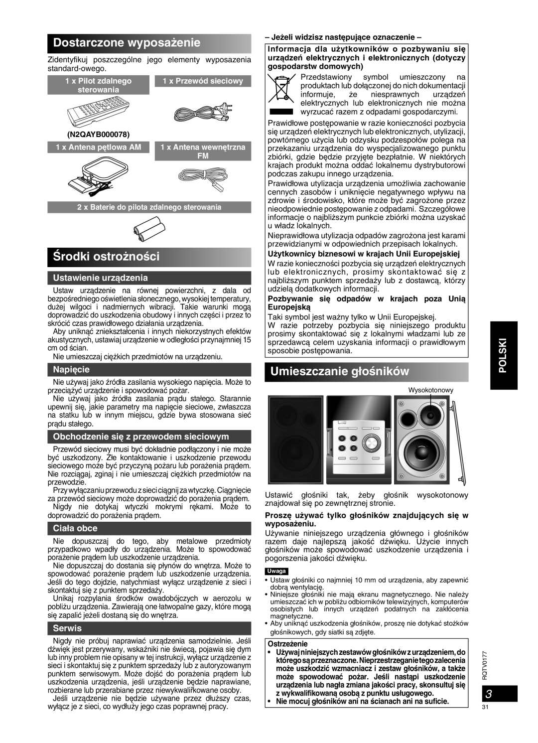 Panasonic SC-PM45 manual Dostarczone wyposa˝enie, Ârodki ostro˝noÊci, Umieszczanie g∏oÊników, Polski, Ustawienie urzàdzenia 