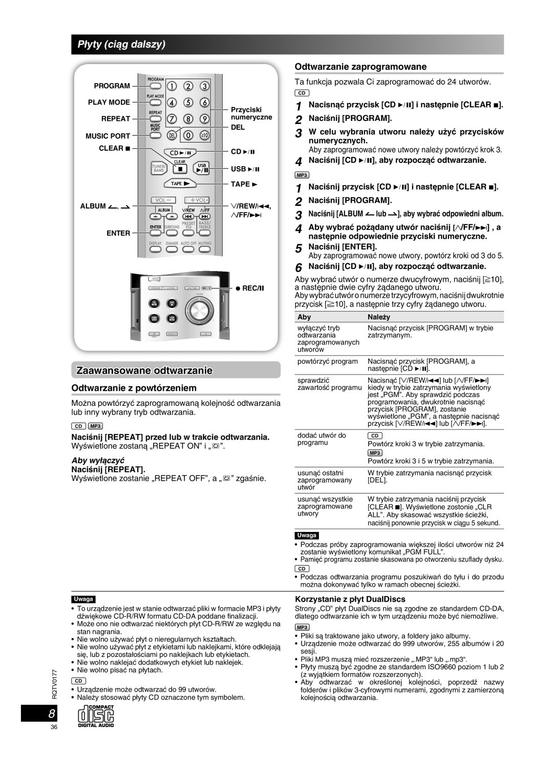 Panasonic SC-PM45 manual P∏yty ciàg dalszy, Zaawansowane odtwarzanie, Aby wy∏àczyç 