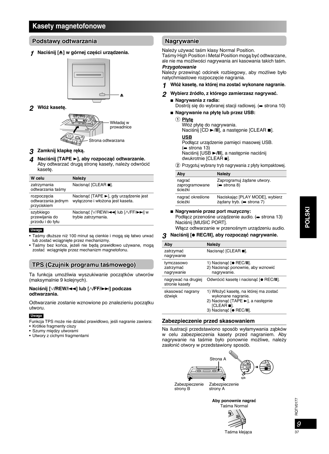 Panasonic SC-PM45 manual Kasety magnetofonowe, TPS Czujnik programu taÊmowego, Nagrywanie, Podstawy odtwarzania, Polski 
