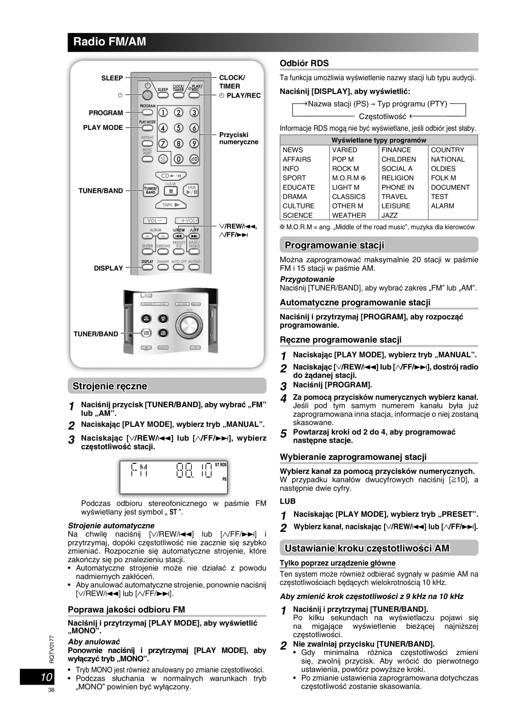 Panasonic SC-PM45 Radio FM/AM, Strojenie r´czne, Programowanie stacji, Ustawianie kroku cz´stotliwoÊci AM, Aby anulowaç 