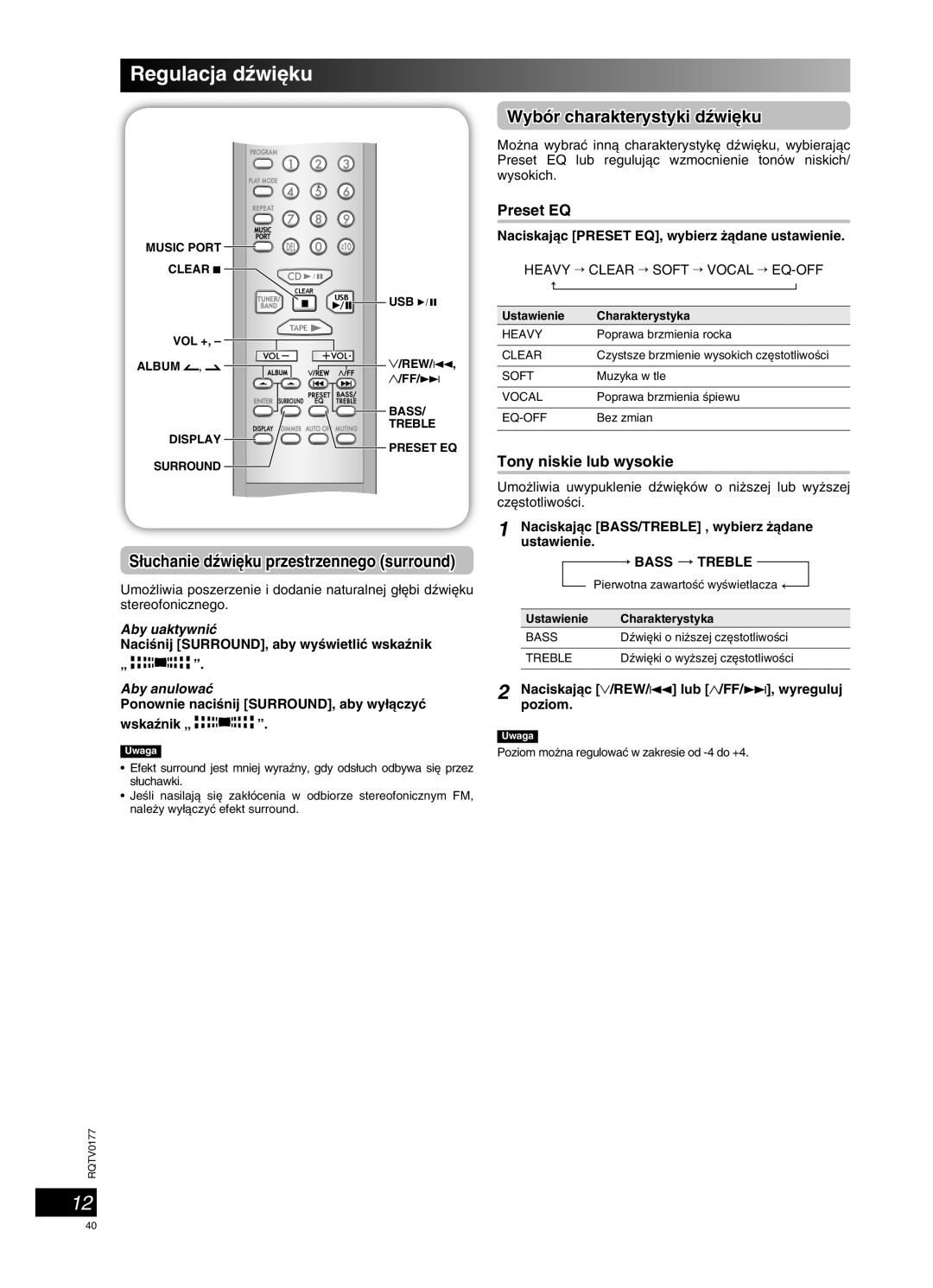 Panasonic SC-PM45 manual Regulacja dêwi´ku, Wybór charakterystyki dêwi´ku, Aby uaktywniç, Aby anulowaç 