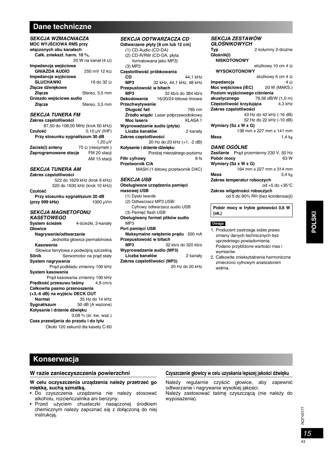 Panasonic SC-PM45 manual Dane techniczne, Konserwacja, Polski, Sekcja Wzmacniacza, Sekcja Tunera Fm, Sekcja Tunera Am 