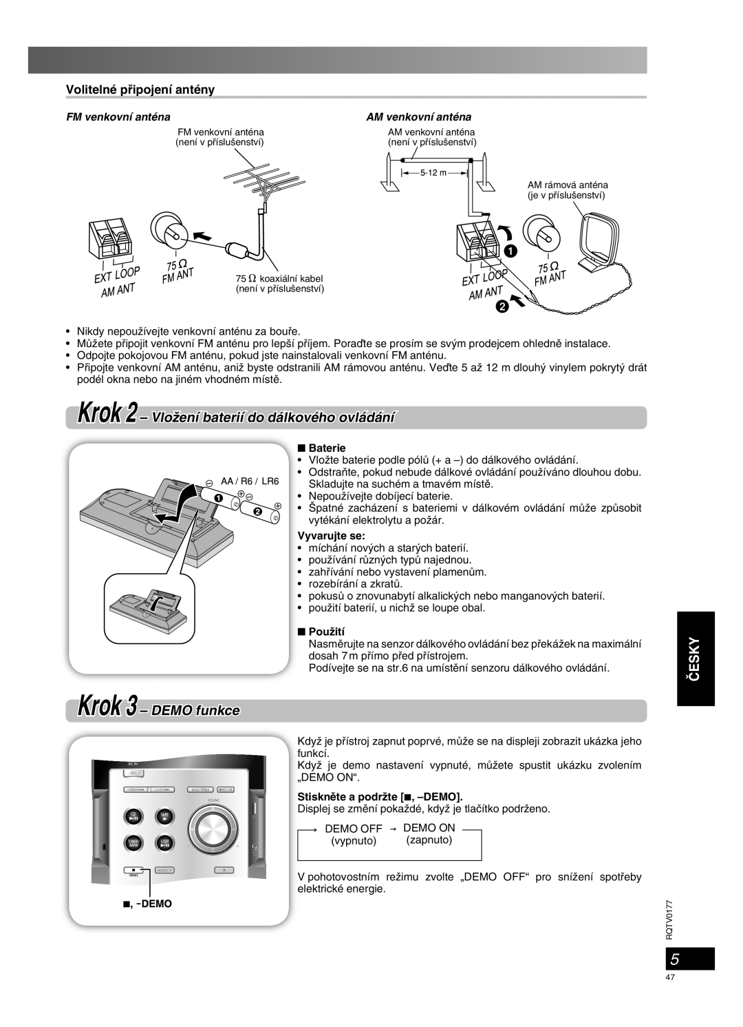 Panasonic SC-PM45 Krok 2 – VloÏení baterií do dálkového ovládání, Krok 3 – DEMO funkce, âESKY, Volitelné pﬁipojení antény 