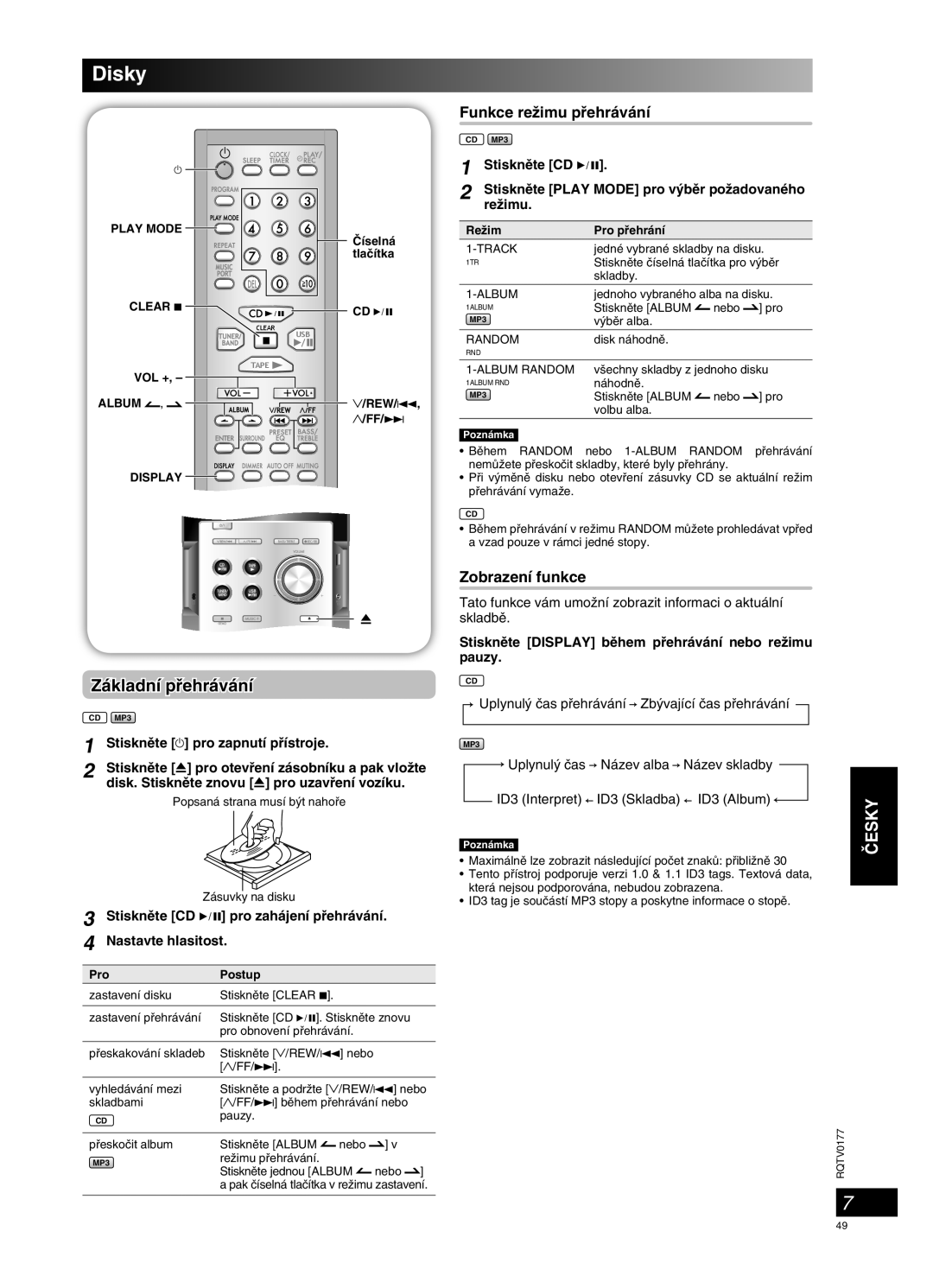 Panasonic SC-PM45 manual Disky, âESKY, Základní pﬁehrávání, Funkce reÏimu pﬁehrávání, Zobrazení funkce 