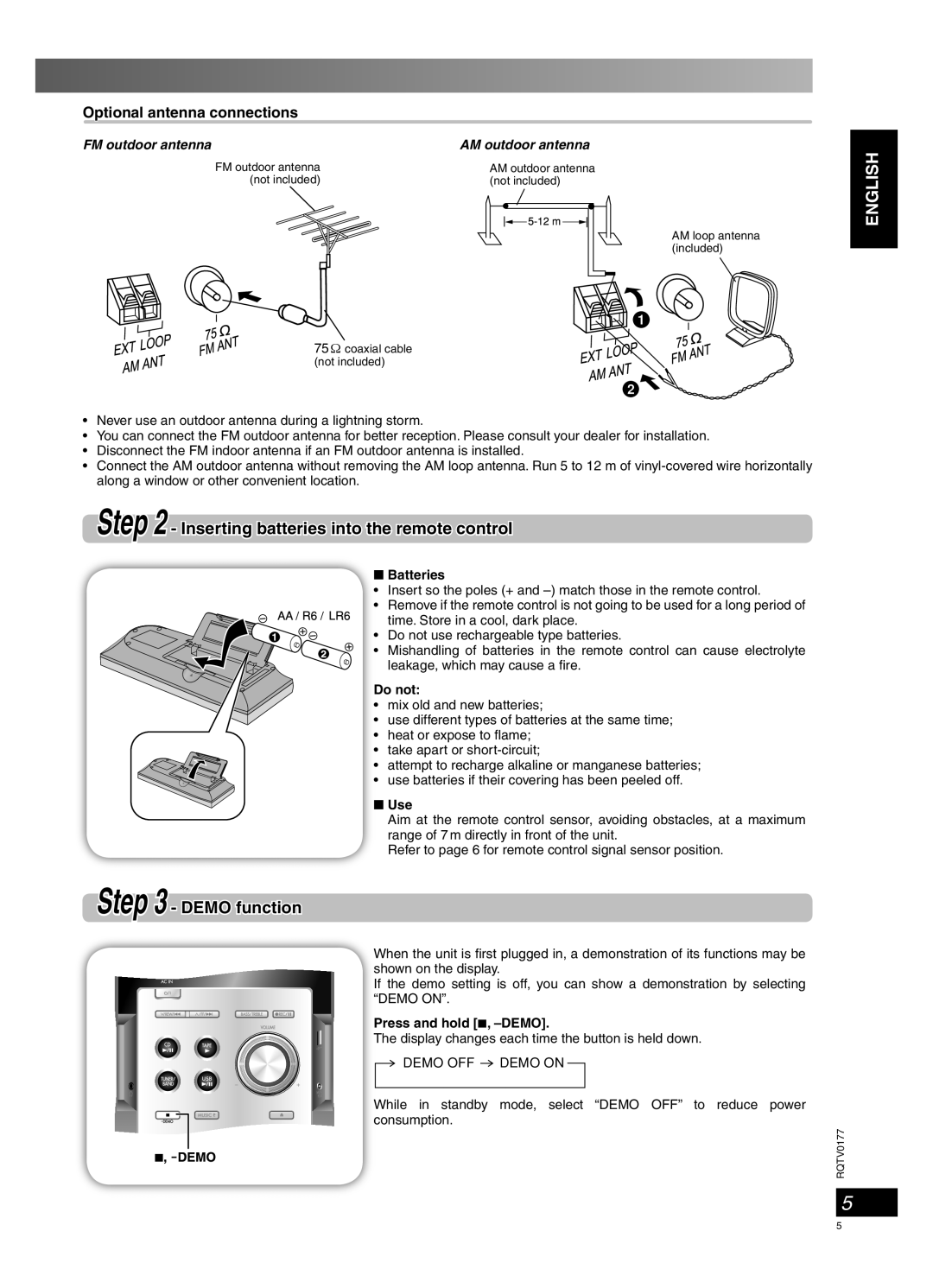 Panasonic SC-PM45 manual DEMO function, Optional antenna connections, English, AM outdoor antenna 