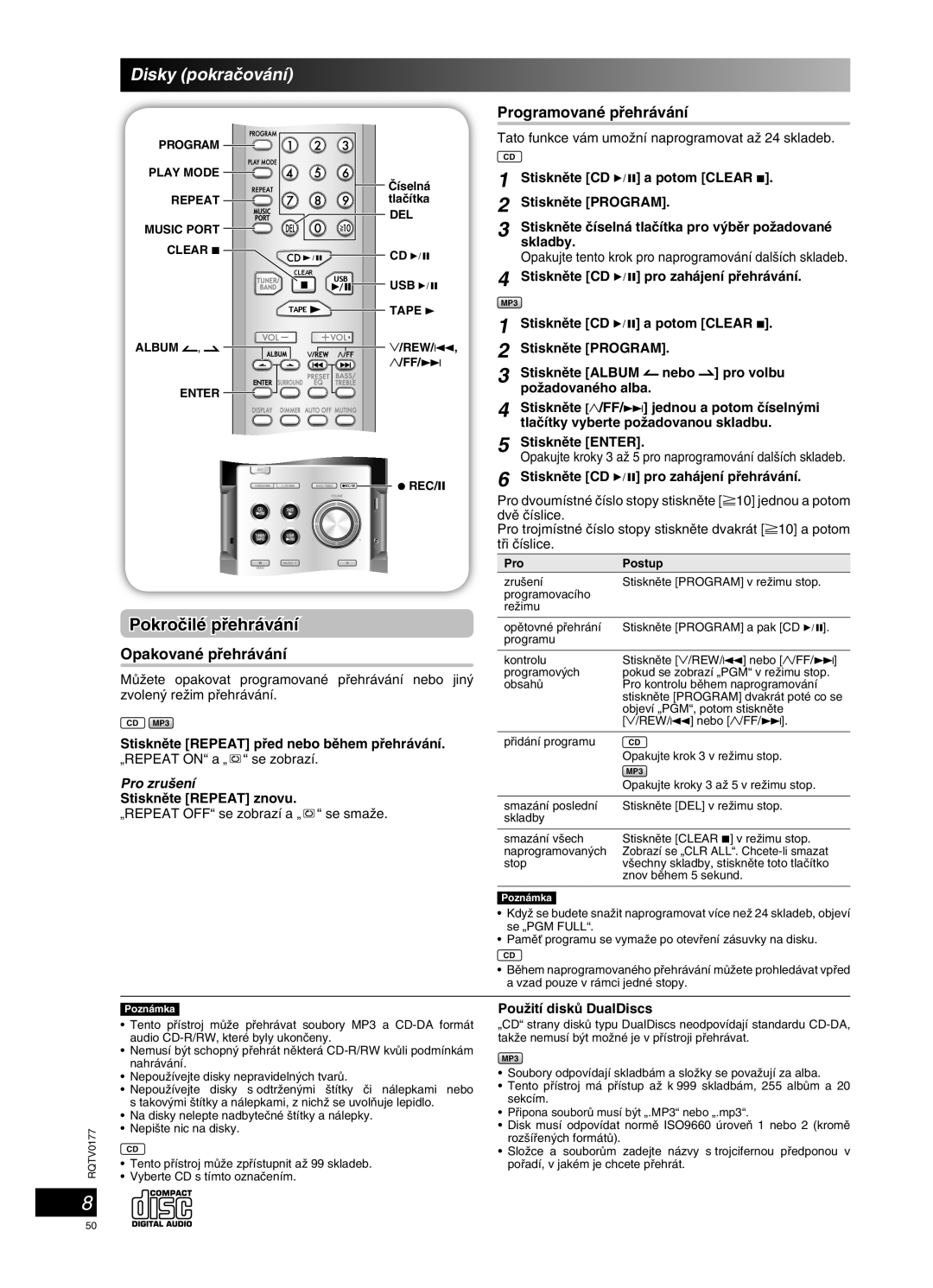 Panasonic SC-PM45 manual Disky pokraãování, Pokroãilé pﬁehrávání, Pro zru‰ení 