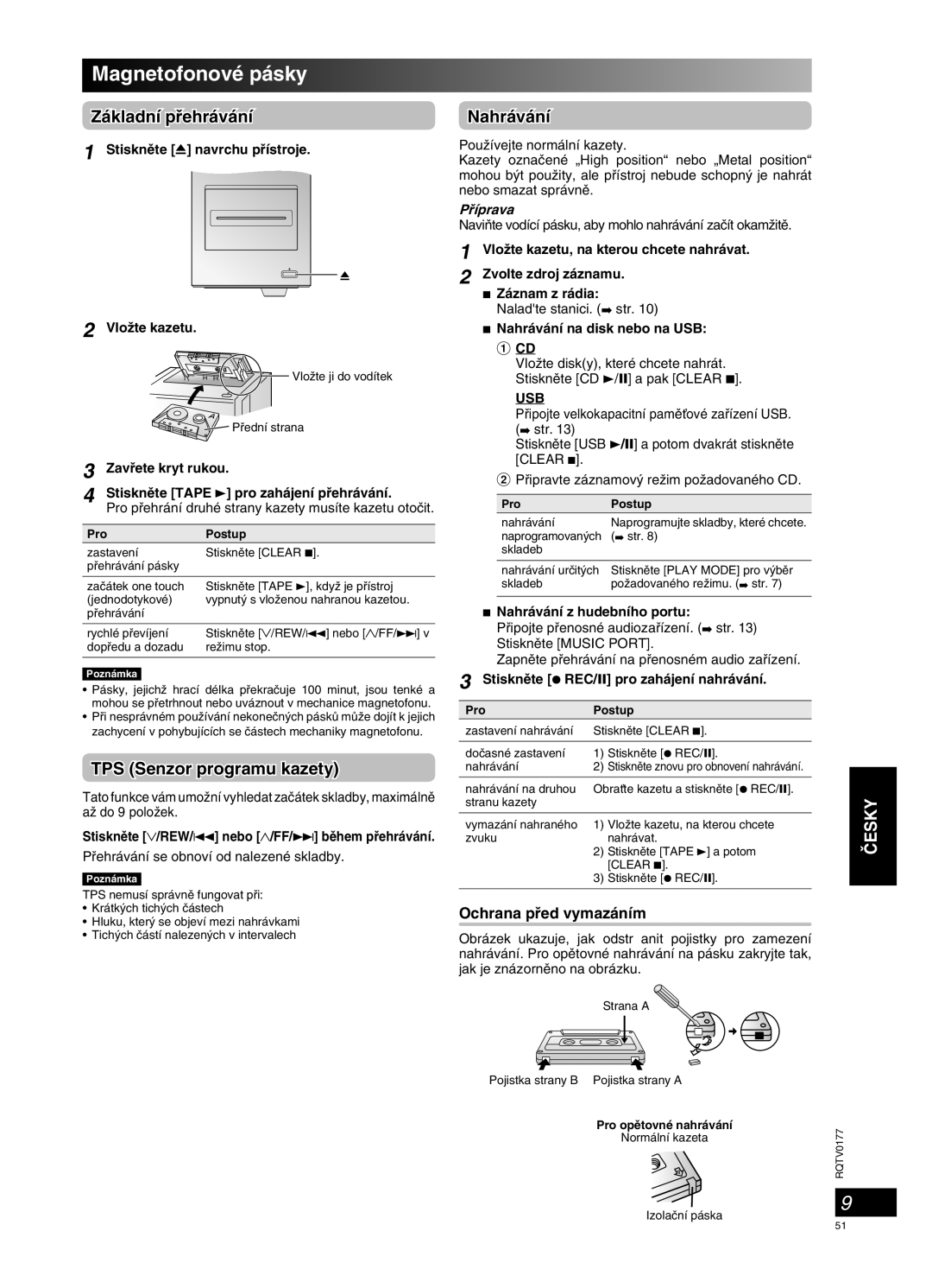 Panasonic SC-PM45 manual Magnetofonové pásky, Základní pﬁehrávání, TPS Senzor programu kazety, Nahrávání, âESKY, Pﬁíprava 
