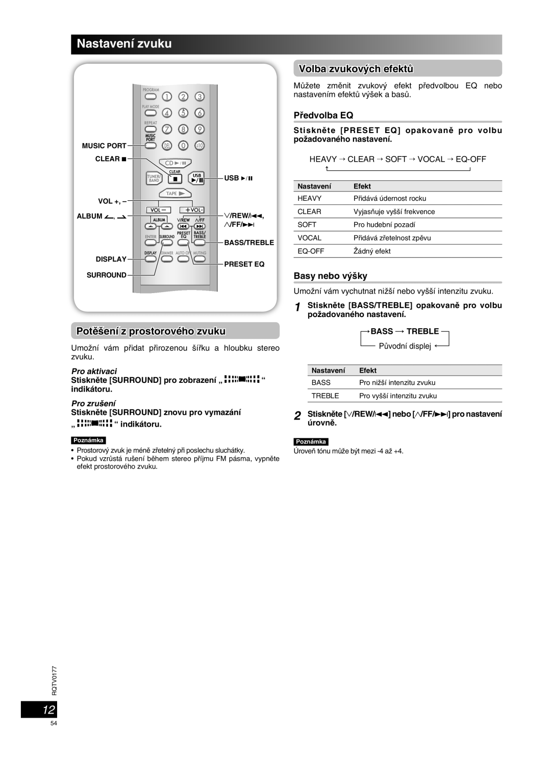 Panasonic SC-PM45 manual Nastavení zvuku, Potû‰ení z prostorového zvuku, Volba zvukov˘ch efektÛ, Pro aktivaci, Pro zru‰ení 