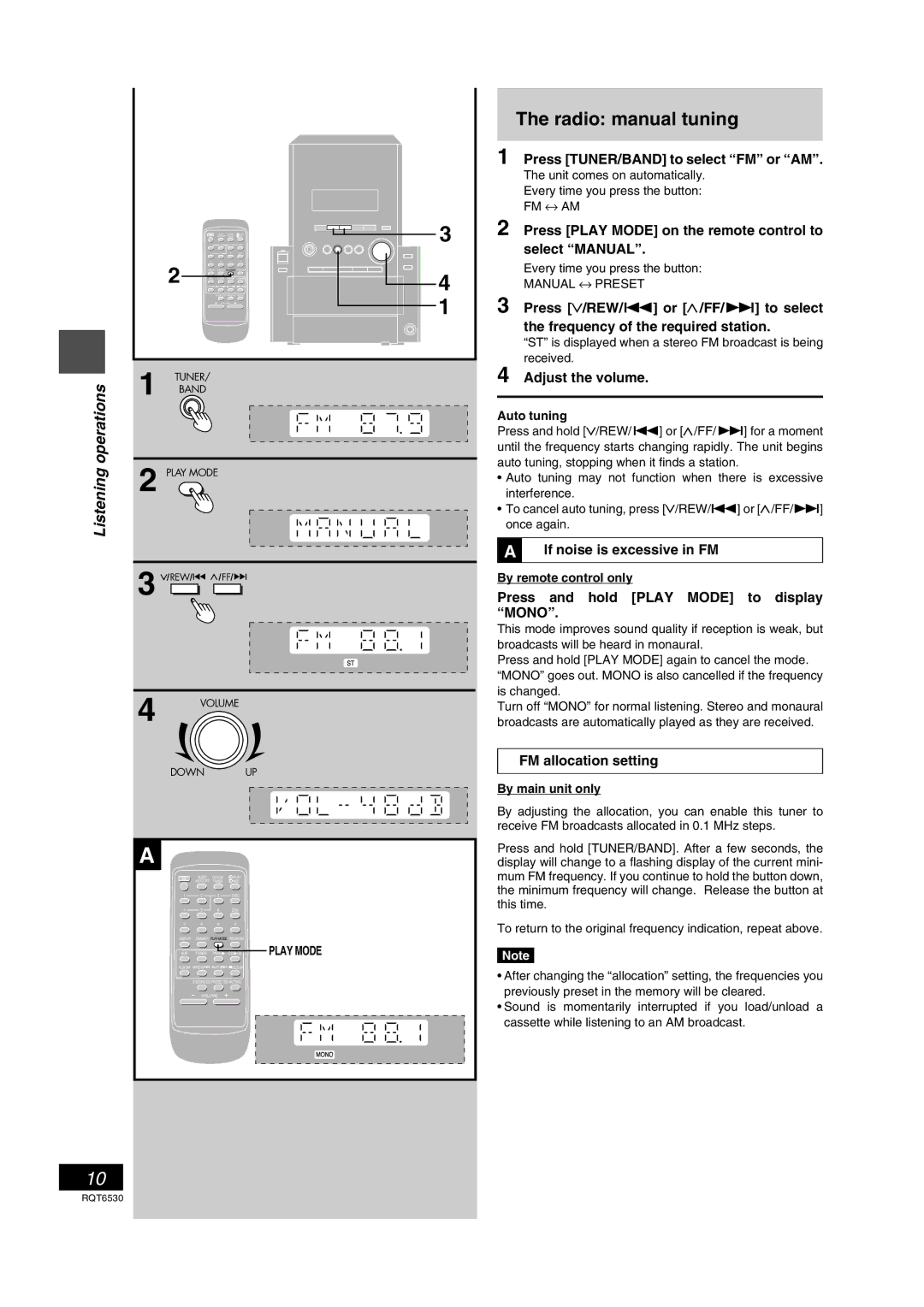 Panasonic SC-PM47 Radio manual tuning, Listening operations 