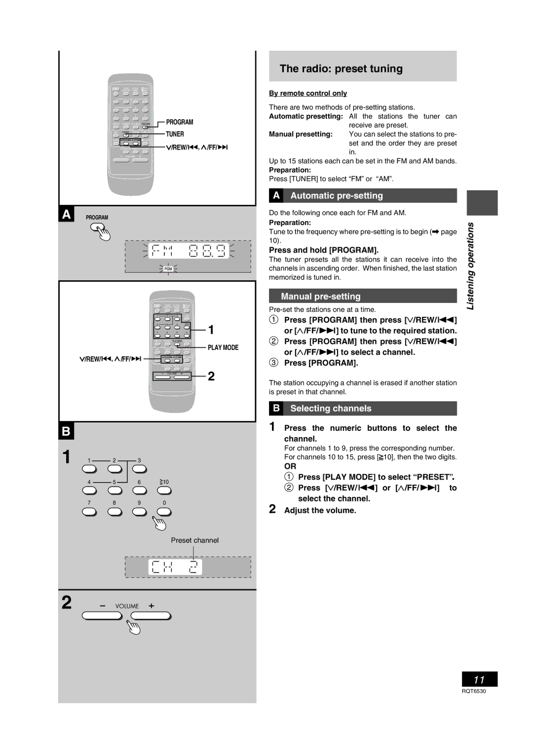 Panasonic SC-PM47 manual Radio preset tuning, Automatic pre-setting, Manual pre-setting, Selecting channels 