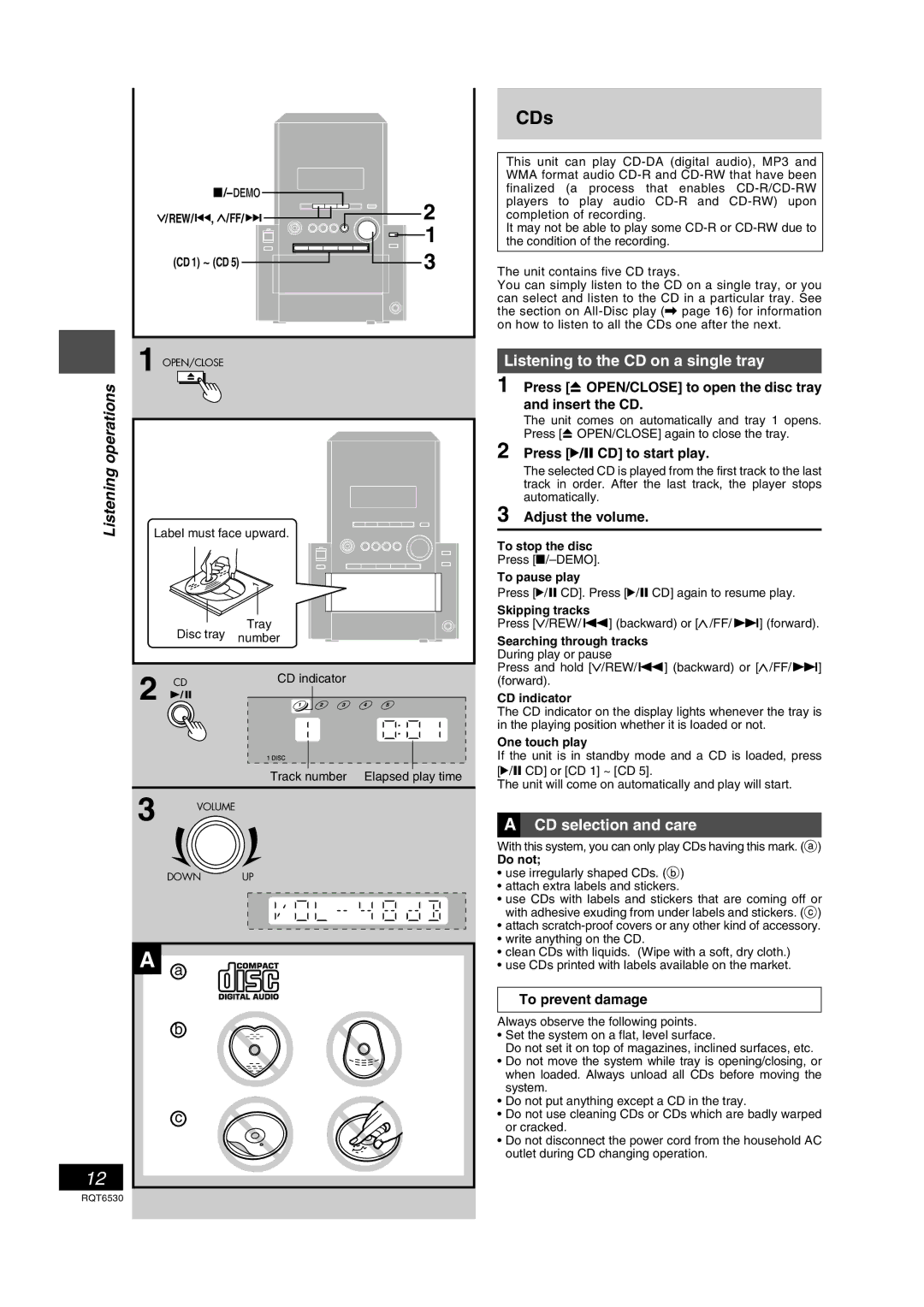 Panasonic SC-PM47 manual CDs, Listeningoperations, Listening to the CD on a single tray, CD selection and care 