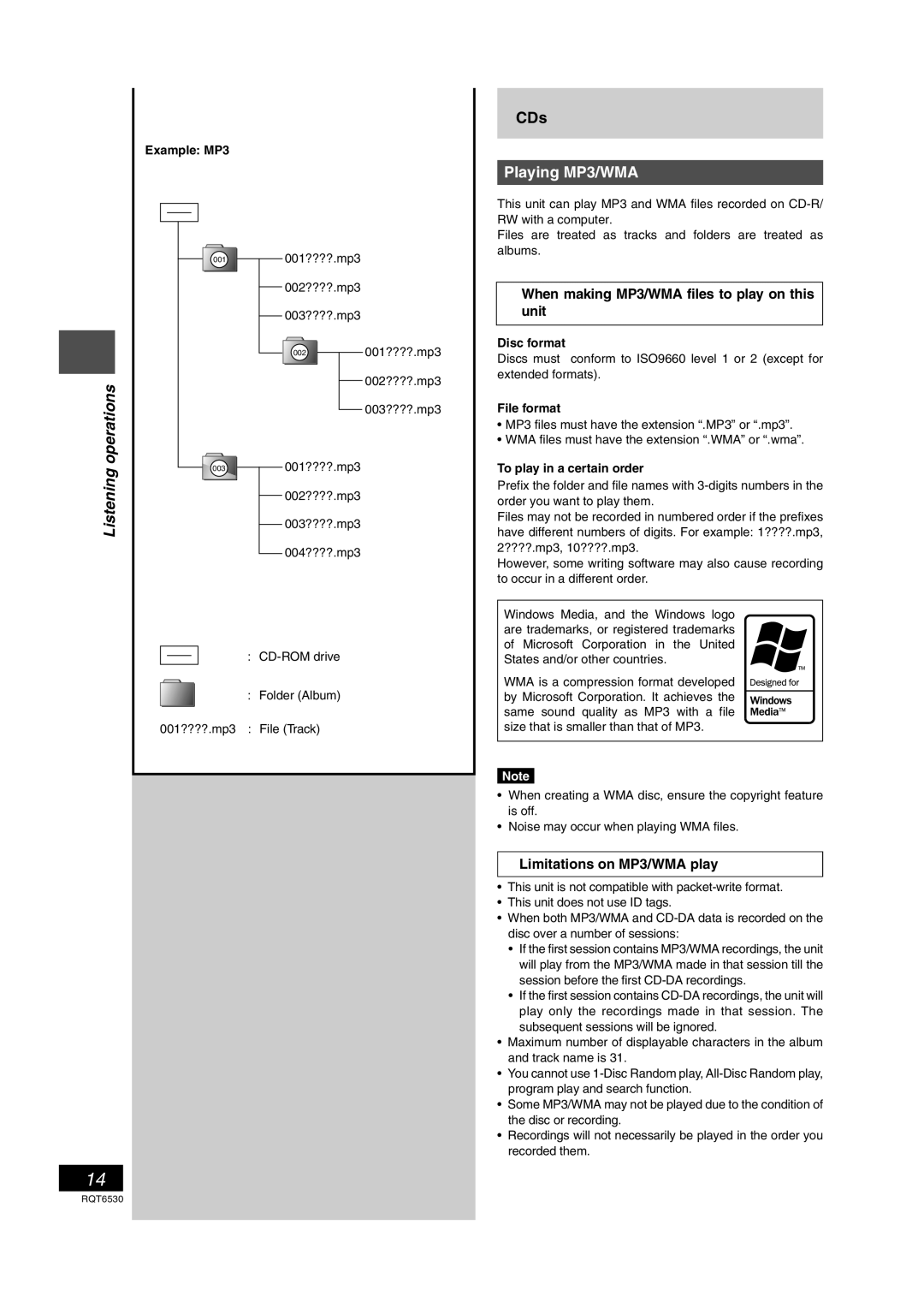 Panasonic SC-PM47 manual Playing MP3/WMA, When making MP3/WMA files to play on this unit, Limitations on MP3/WMA play 