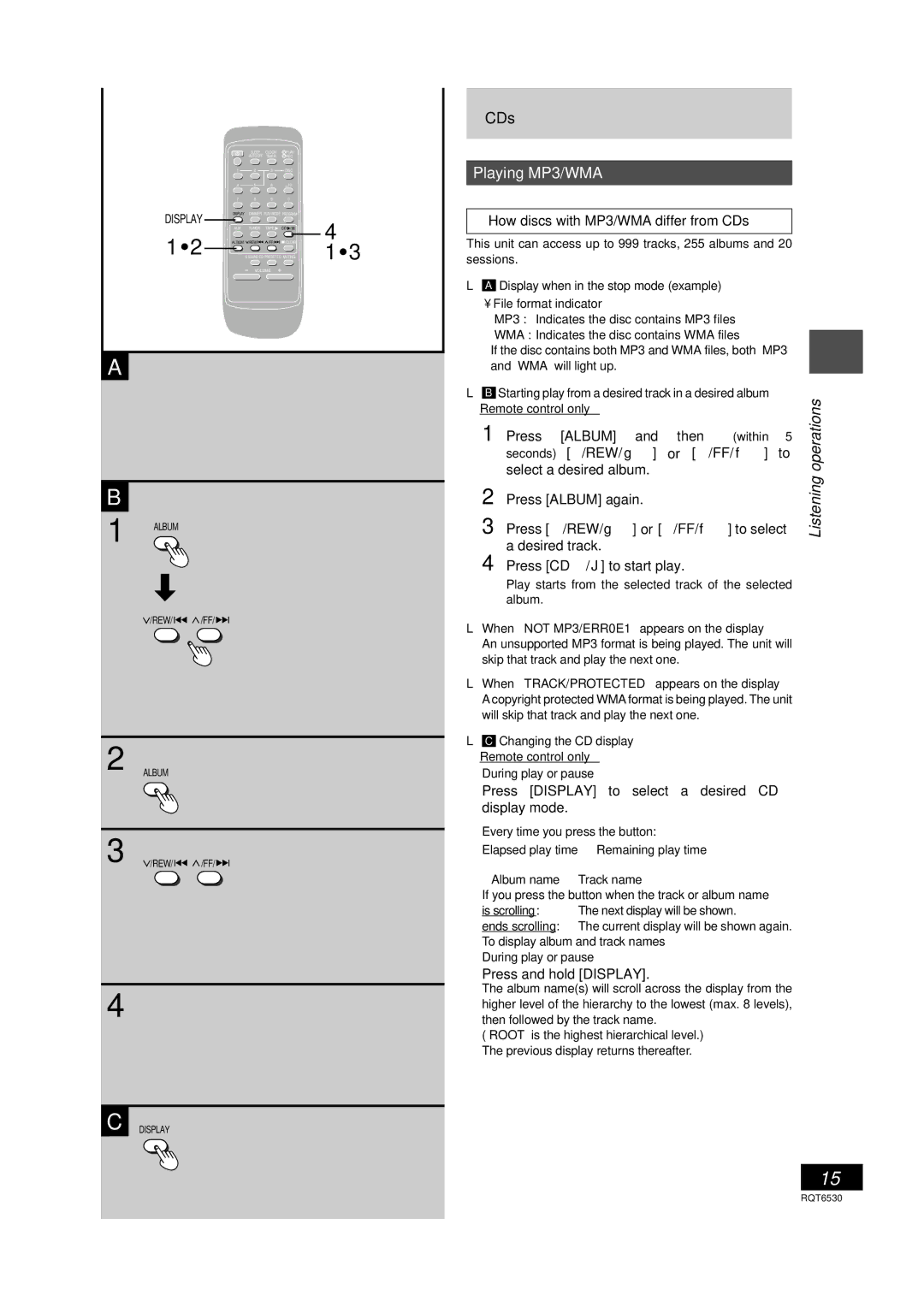 Panasonic SC-PM47 manual How discs with MP3/WMA differ from CDs, Press 4/REW/g or 3/FF/f to select, Press and hold Display 