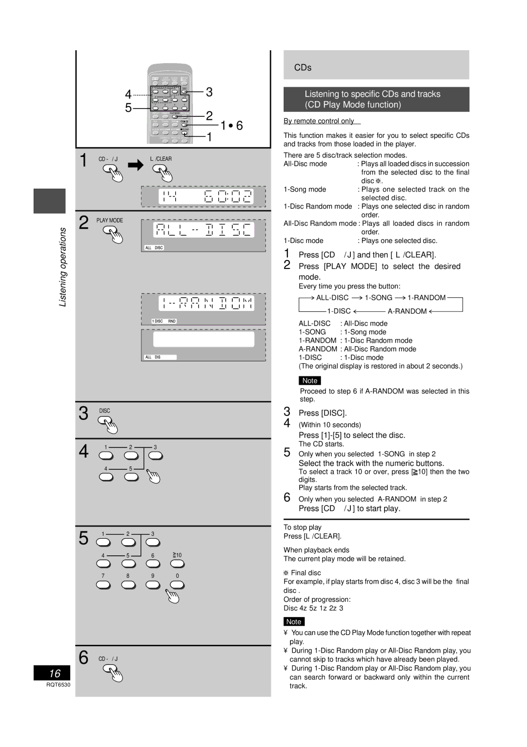 Panasonic SC-PM47 Listening to specific CDs and tracks CD Play Mode function, Press Disc, Press 1-5 to select the disc 