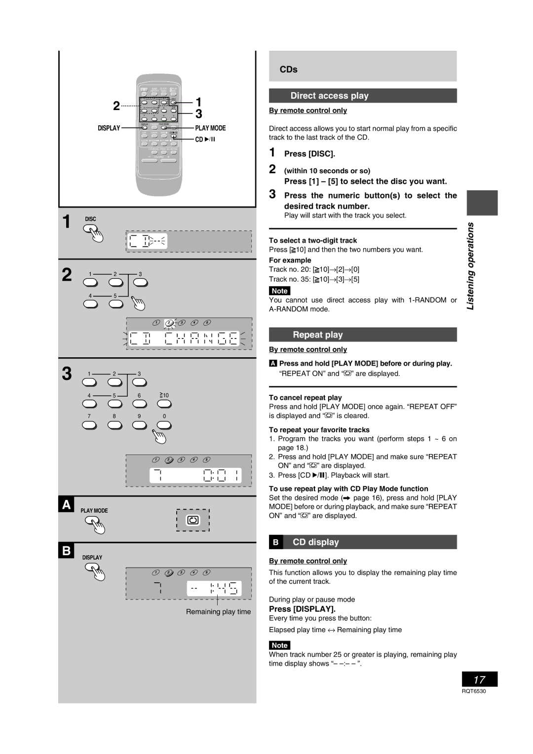 Panasonic SC-PM47 manual Direct access play, Repeat play, CD display, Press Display 