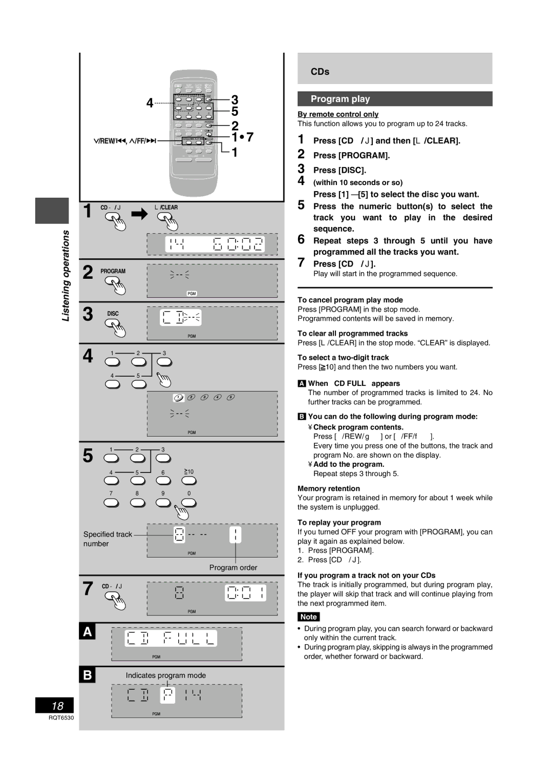 Panasonic SC-PM47 manual Operations, Listening, Program play, Press CD 2/ J and then L /CLEAR Press Program Press Disc, Rew 