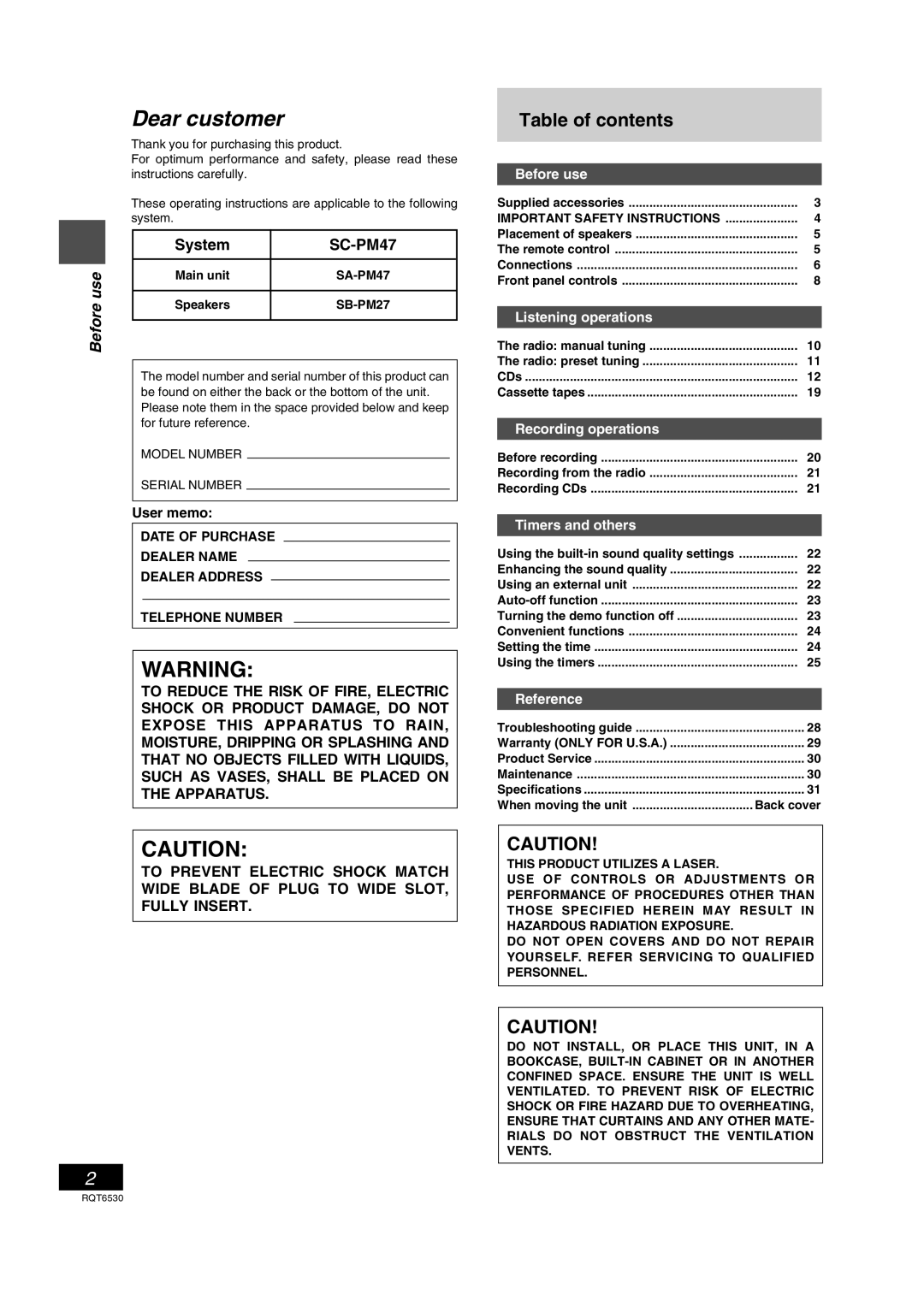 Panasonic SC-PM47 manual Dear customer, Table of contents 