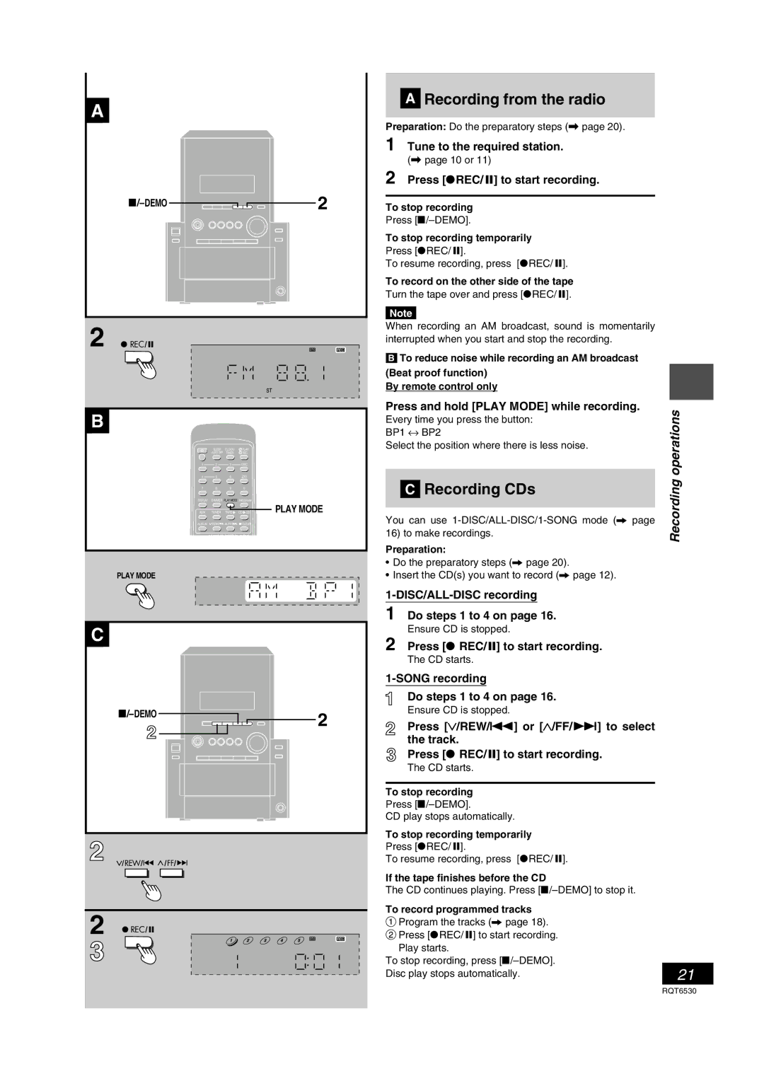 Panasonic SC-PM47 manual Recording from the radio, Recording CDs 