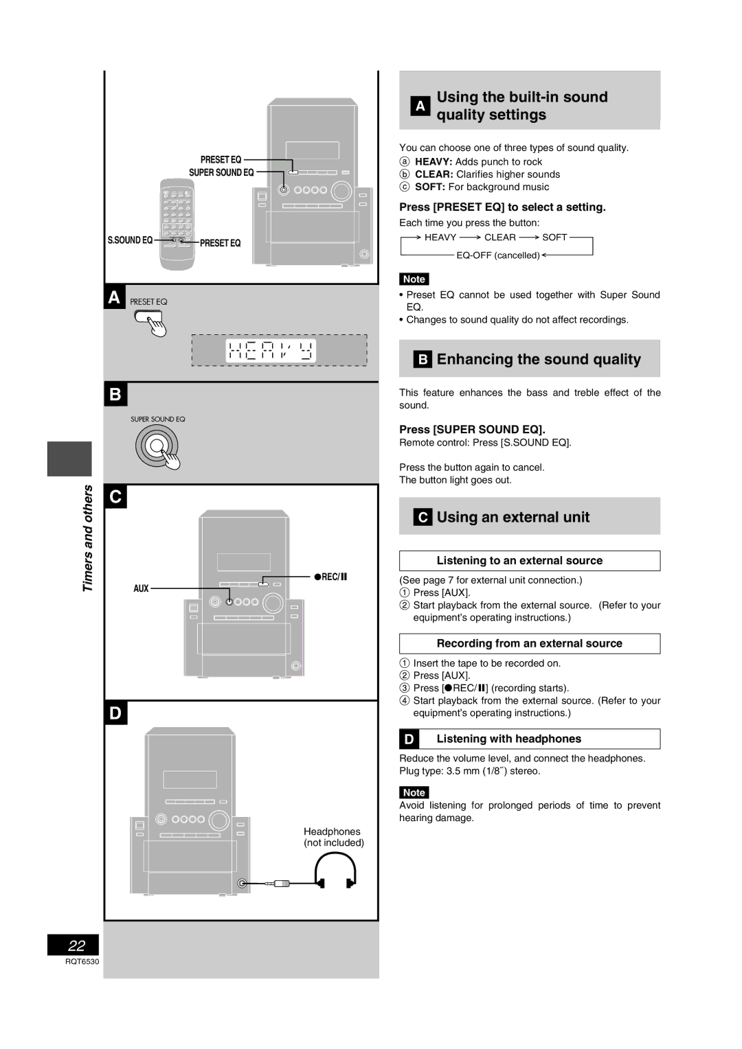 Panasonic SC-PM47 manual Using the built-in sound Quality settings, Enhancing the sound quality, Using an external unit 