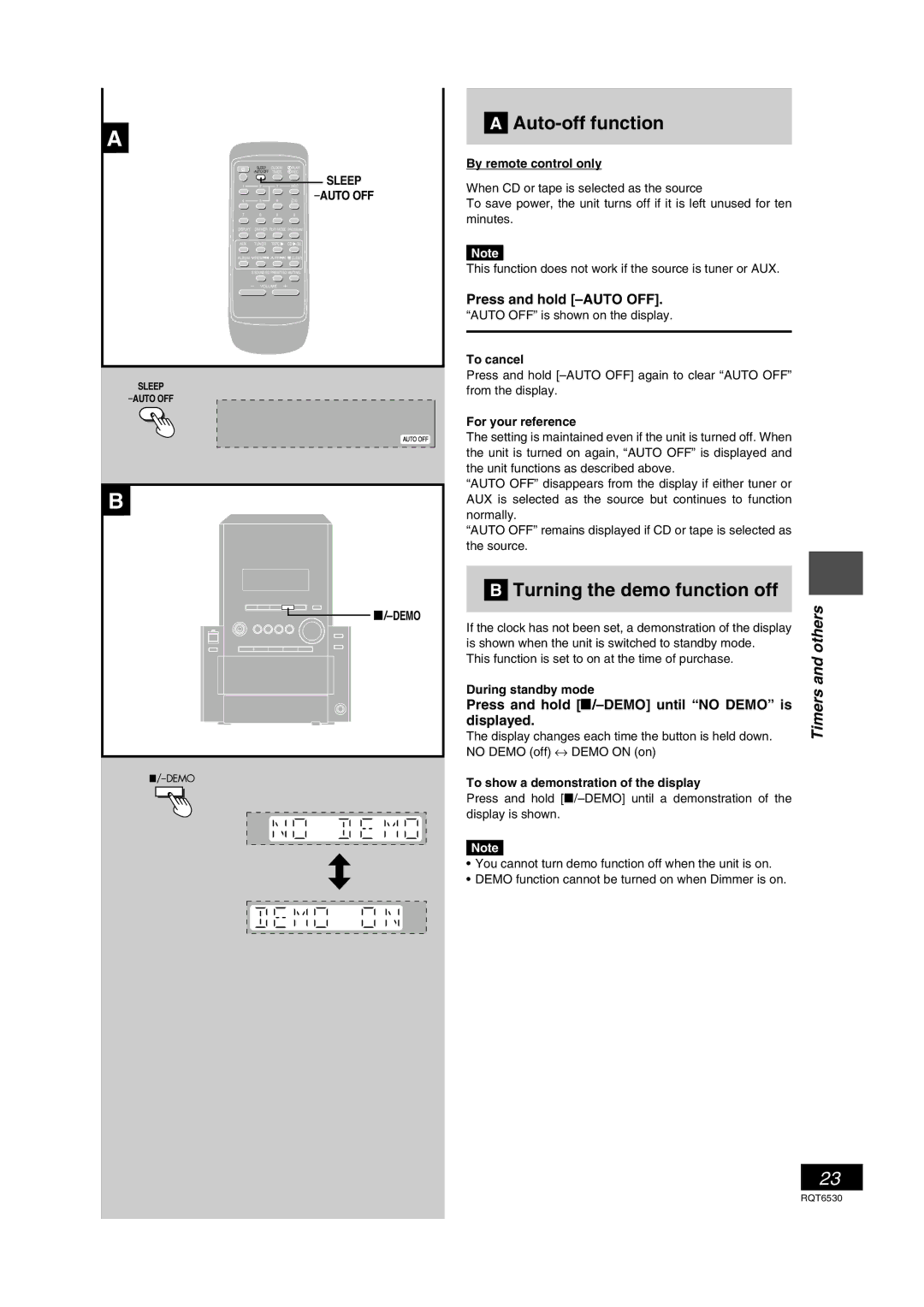 Panasonic SC-PM47 manual Auto-off function, Turning the demo function off, Timers and others, Press and hold -AUTO OFF 