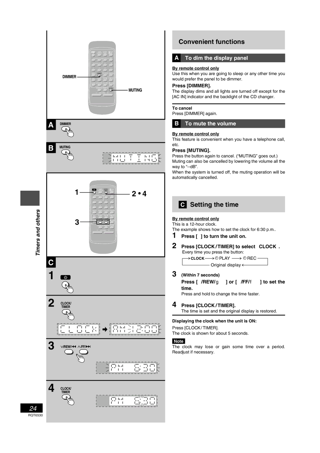 Panasonic SC-PM47 manual Convenient functions, Setting the time, To dim the display panel, To mute the volume 