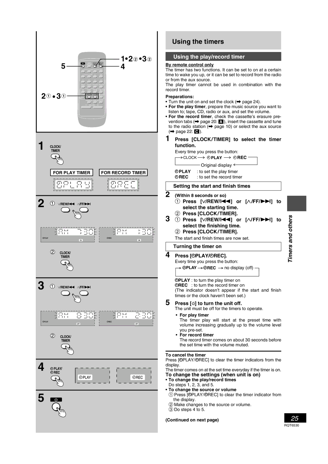 Panasonic SC-PM47 manual Using the timers, Using the play/record timer 